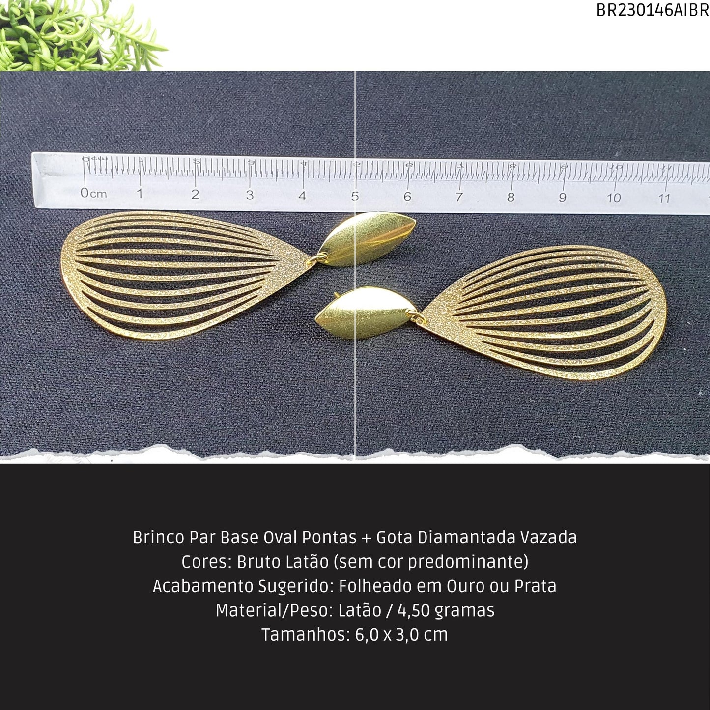 Brinco Par Base Oval Pontas + Gota Diamantada Vazada  - Código.: BR230146AIBR  - Peso.: 4.5 gr