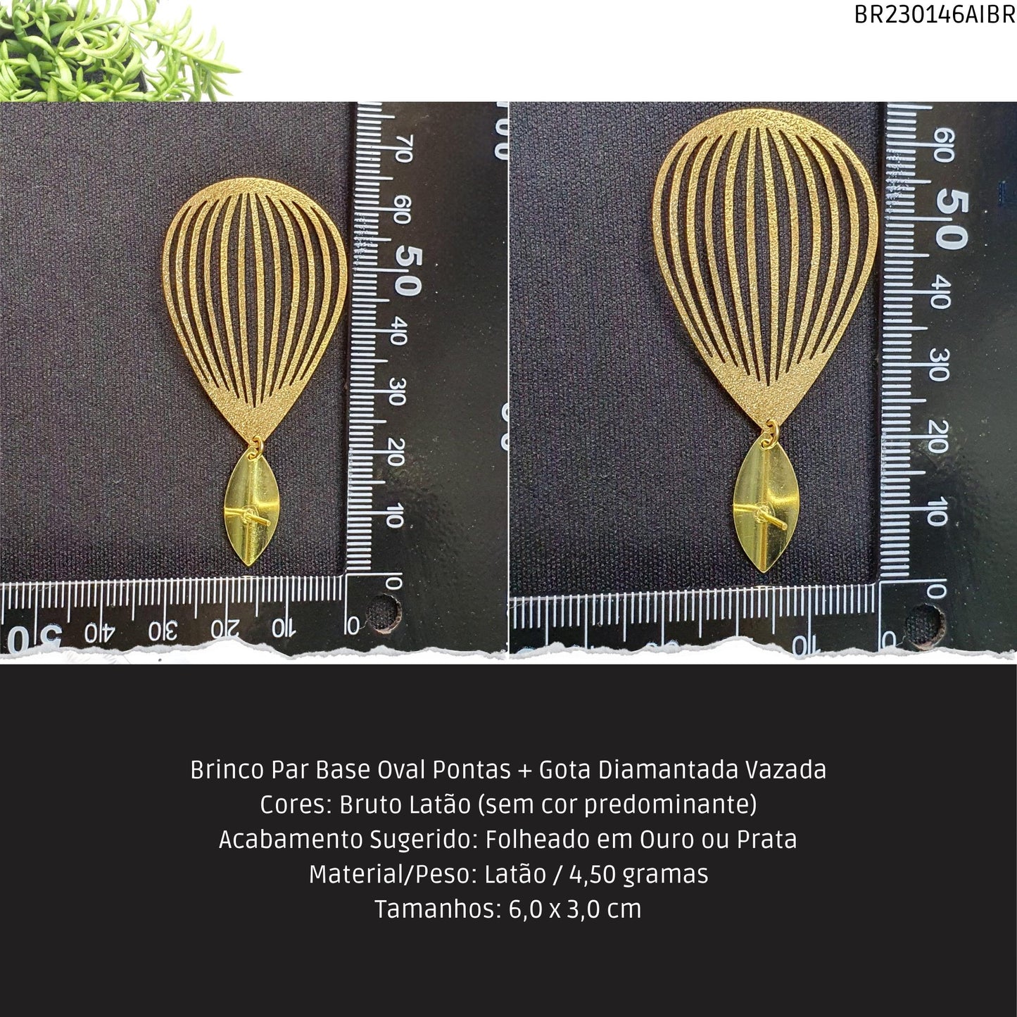 Brinco Par Base Oval Pontas + Gota Diamantada Vazada  - Código.: BR230146AIBR  - Peso.: 4.5 gr
