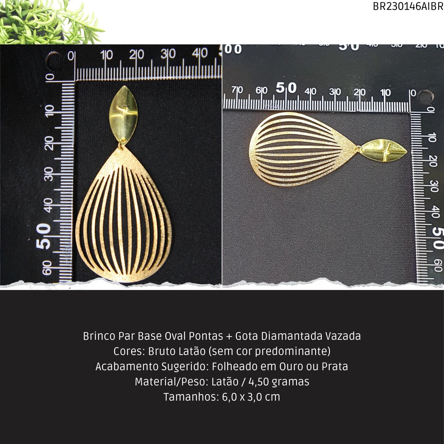 Brinco Par Base Oval Pontas + Gota Diamantada Vazada  - Código.: BR230146AIBR  - Peso.: 4.5 gr