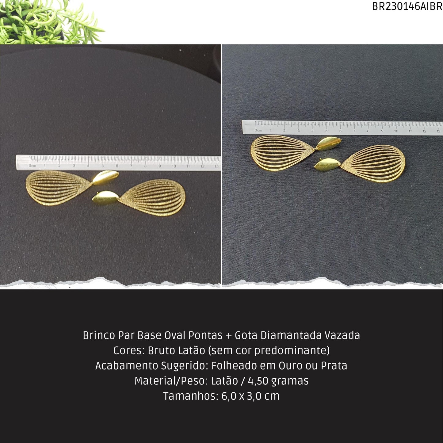 Brinco Par Base Oval Pontas + Gota Diamantada Vazada  - Código.: BR230146AIBR  - Peso.: 4.5 gr