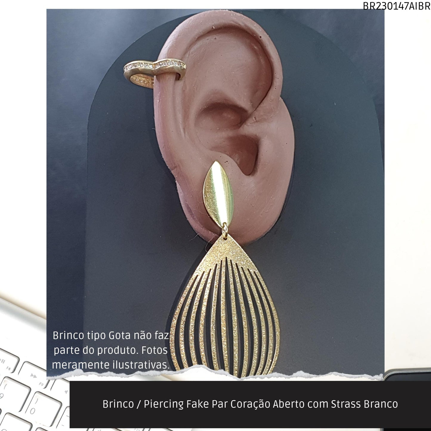 Brinco / Piercing Fake Par Coração Aberto com Strass Branco  - Código.: BR230147AIBR  - Peso.: 2.8 gr