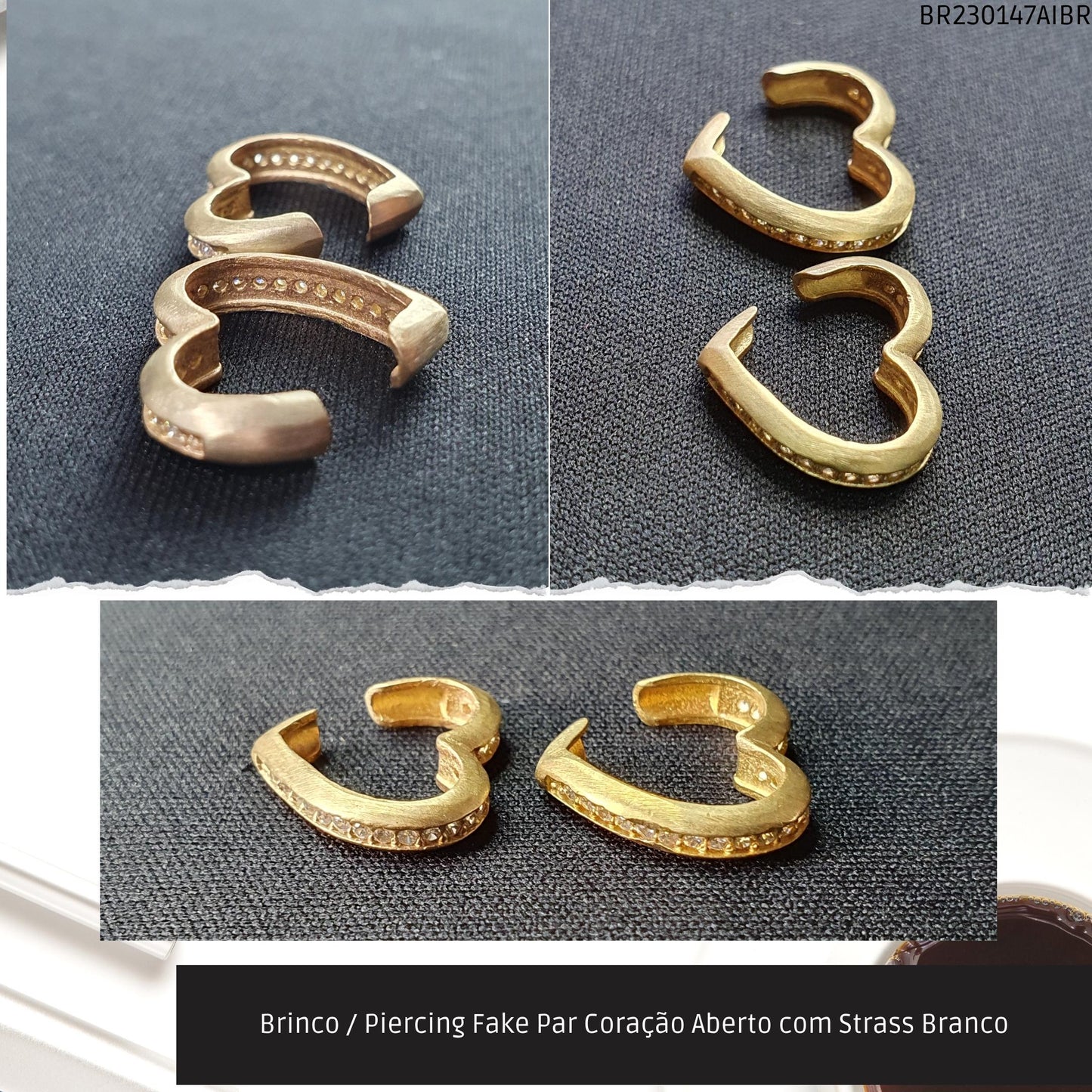 Brinco / Piercing Fake Par Coração Aberto com Strass Branco  - Código.: BR230147AIBR  - Peso.: 2.8 gr