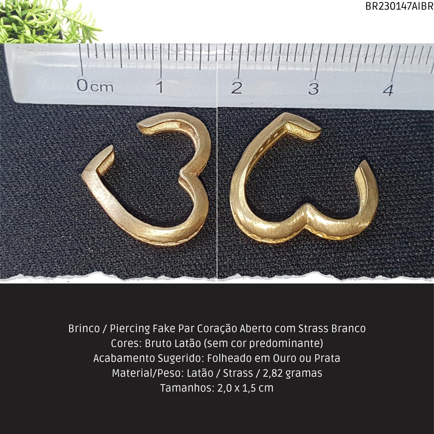 Brinco / Piercing Fake Par Coração Aberto com Strass Branco  - Código.: BR230147AIBR  - Peso.: 2.8 gr