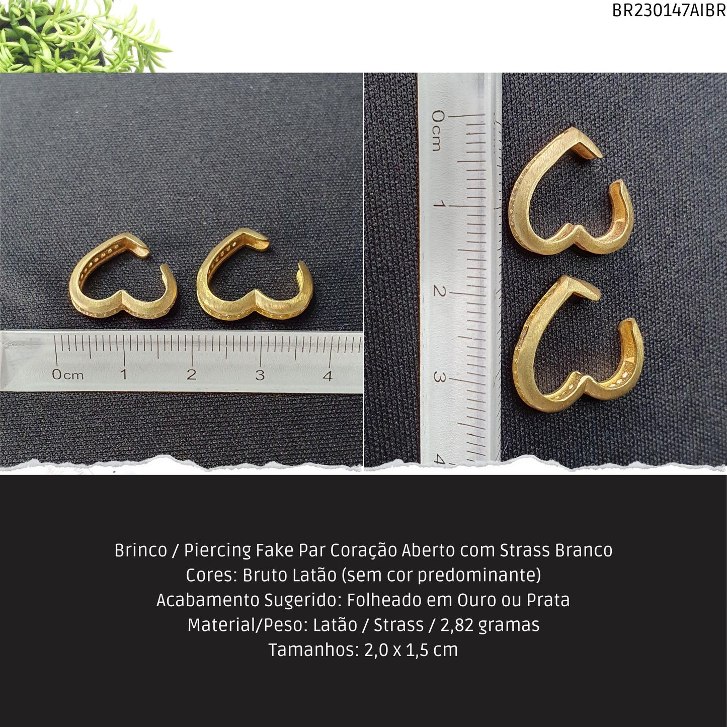 Brinco / Piercing Fake Par Coração Aberto com Strass Branco  - Código.: BR230147AIBR  - Peso.: 2.8 gr