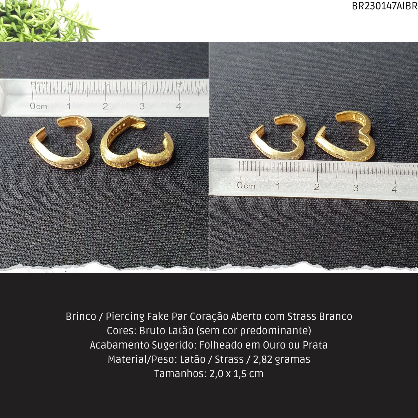 Brinco / Piercing Fake Par Coração Aberto com Strass Branco  - Código.: BR230147AIBR  - Peso.: 2.8 gr