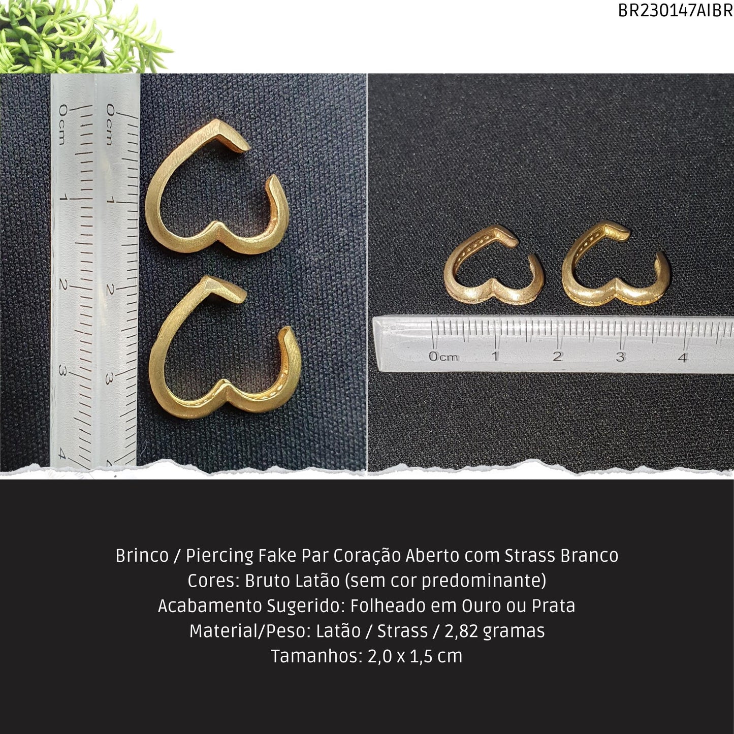 Brinco / Piercing Fake Par Coração Aberto com Strass Branco  - Código.: BR230147AIBR  - Peso.: 2.8 gr
