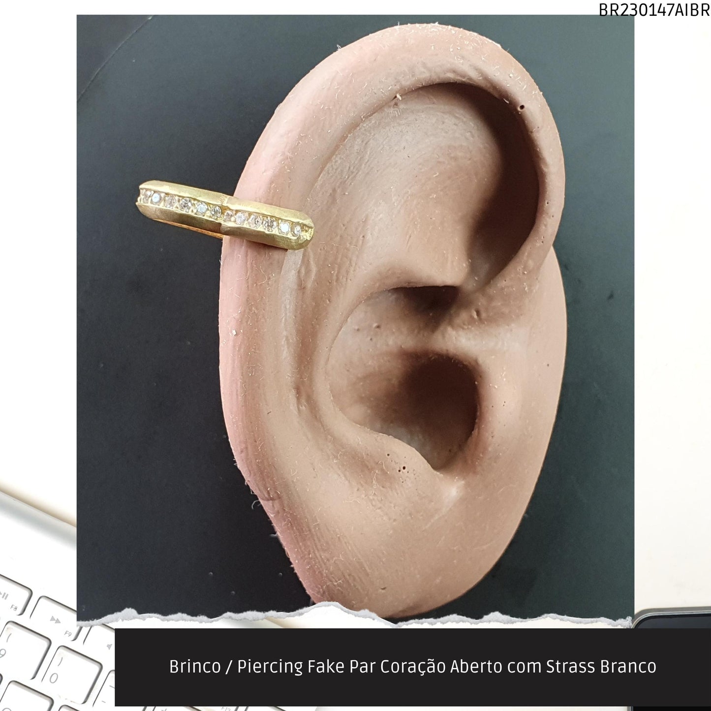 Brinco / Piercing Fake Par Coração Aberto com Strass Branco  - Código.: BR230147AIBR  - Peso.: 2.8 gr