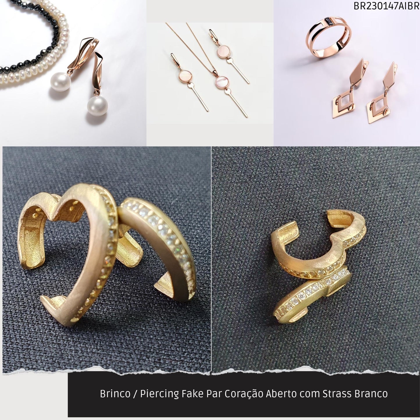 Brinco / Piercing Fake Par Coração Aberto com Strass Branco  - Código.: BR230147AIBR  - Peso.: 2.8 gr
