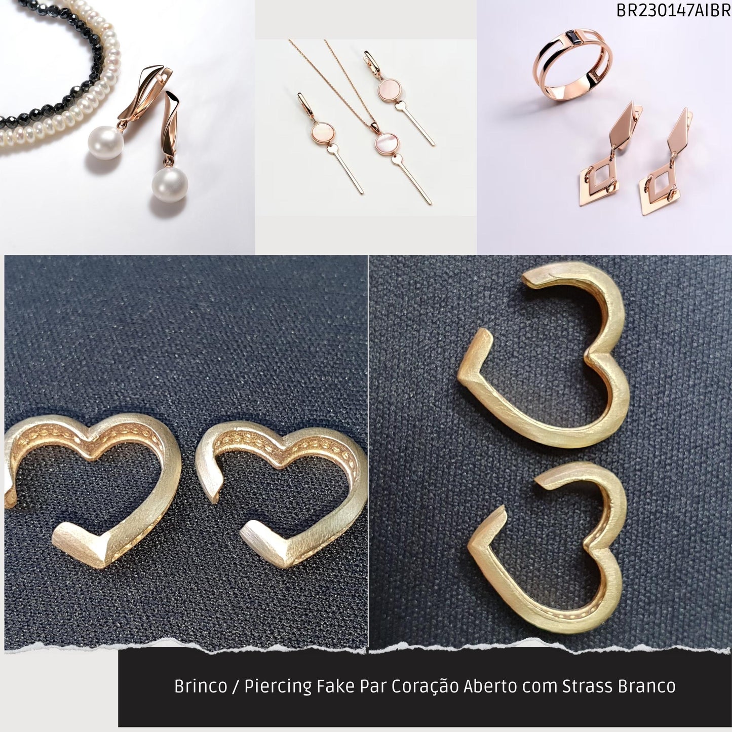 Brinco / Piercing Fake Par Coração Aberto com Strass Branco  - Código.: BR230147AIBR  - Peso.: 2.8 gr