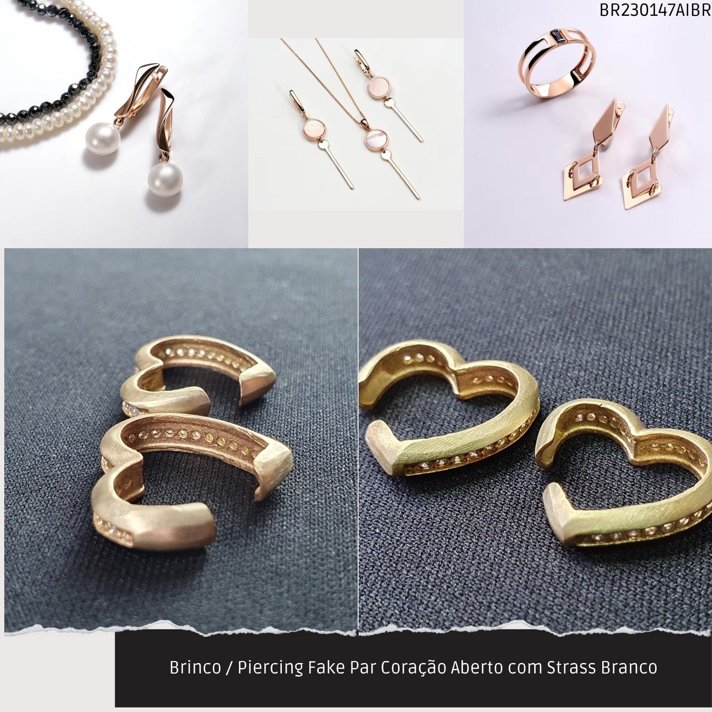 Brinco / Piercing Fake Par Coração Aberto com Strass Branco  - Código.: BR230147AIBR  - Peso.: 2.8 gr