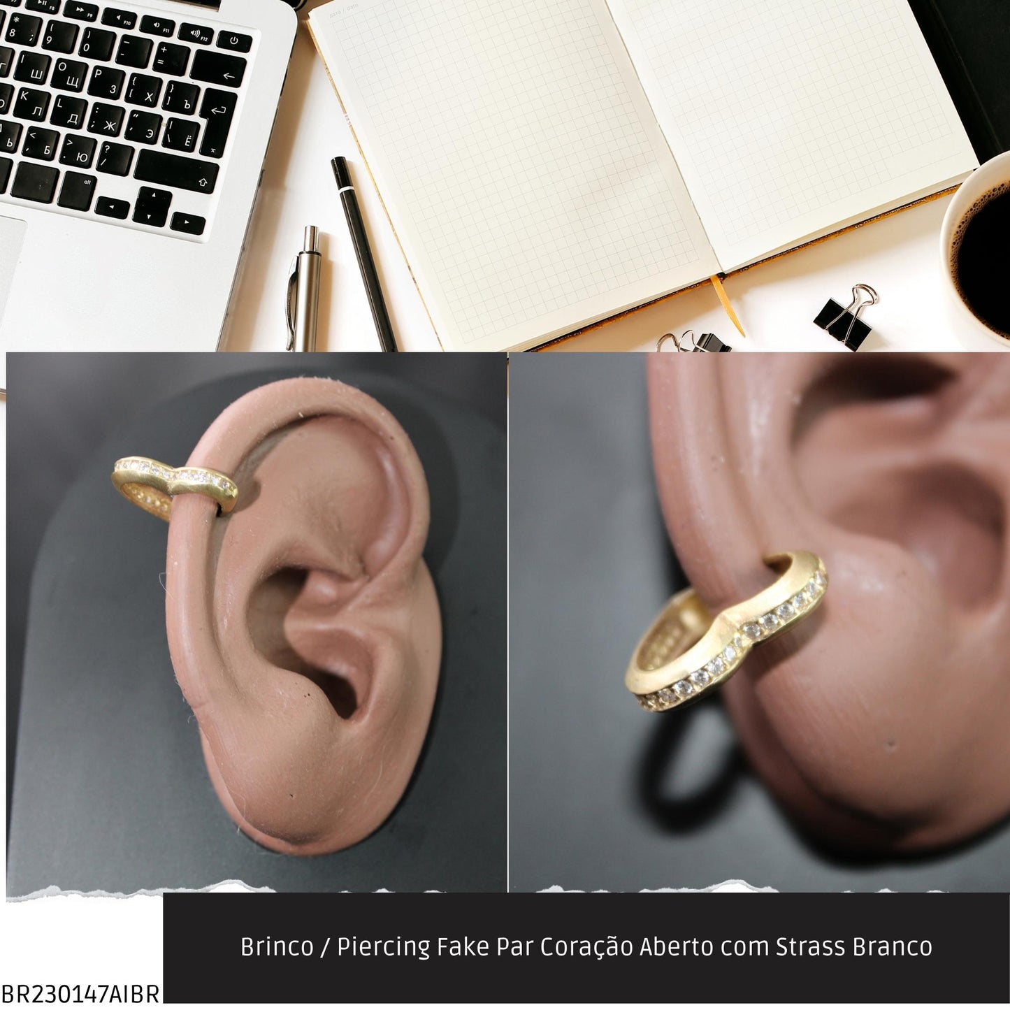 Brinco / Piercing Fake Par Coração Aberto com Strass Branco  - Código.: BR230147AIBR  - Peso.: 2.8 gr