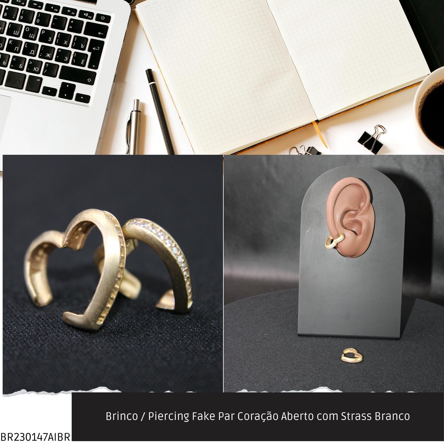 Brinco / Piercing Fake Par Coração Aberto com Strass Branco  - Código.: BR230147AIBR  - Peso.: 2.8 gr