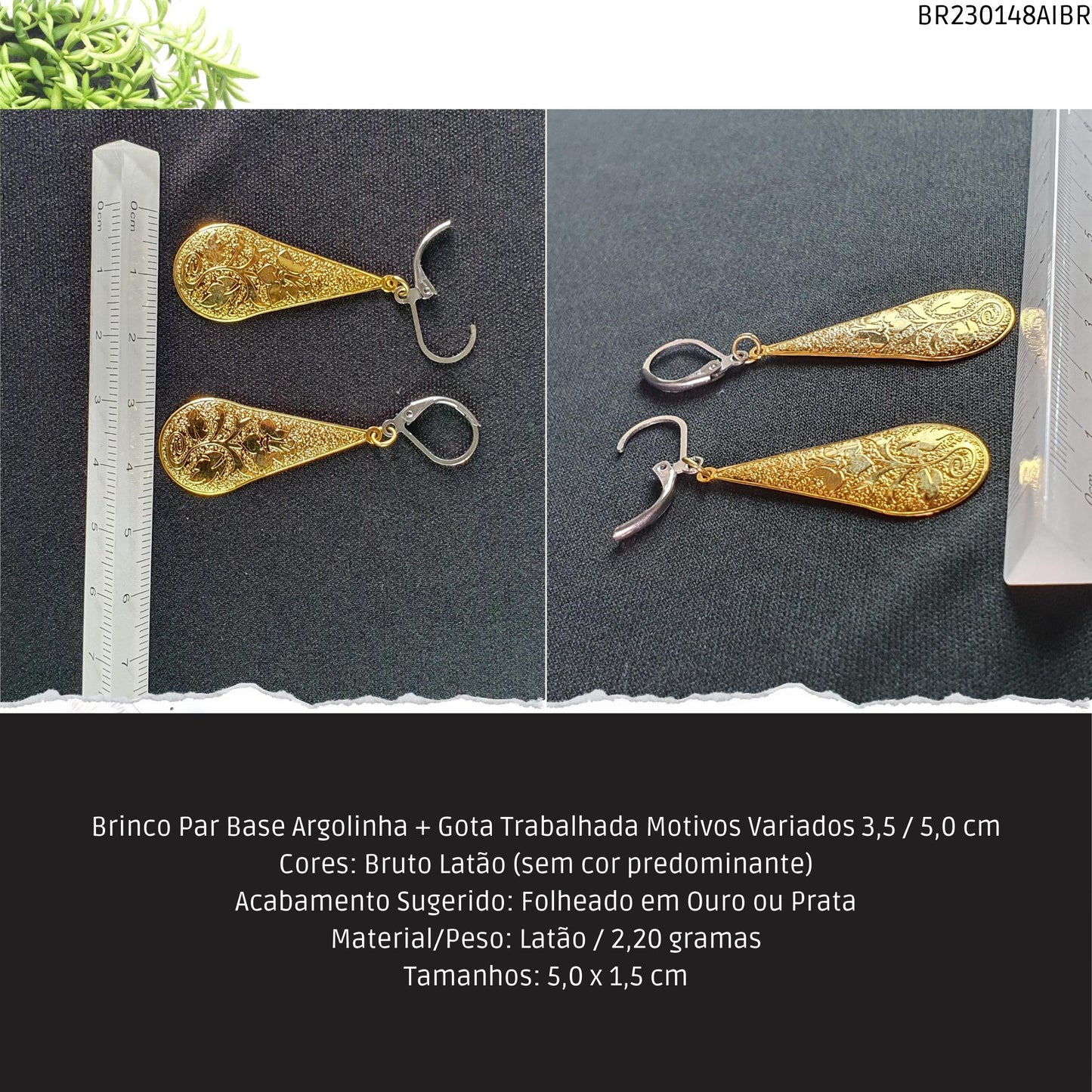 Brinco Par Base Argolinha + Gota Trabalhada Motivos Variados 3.5 / 5.0 cm  - Código.: BR230148AIBR  - Peso.: 2.2 gr