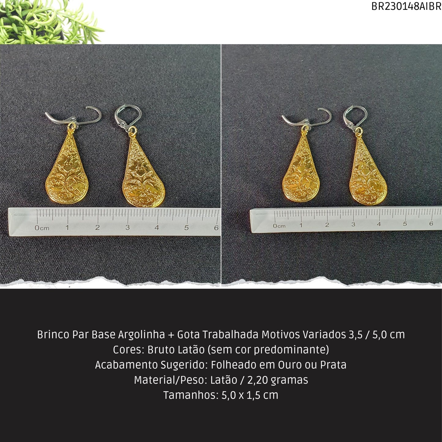 Brinco Par Base Argolinha + Gota Trabalhada Motivos Variados 3.5 / 5.0 cm  - Código.: BR230148AIBR  - Peso.: 2.2 gr