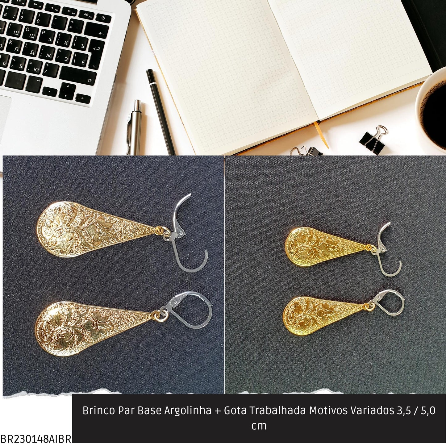Brinco Par Base Argolinha + Gota Trabalhada Motivos Variados 3.5 / 5.0 cm  - Código.: BR230148AIBR  - Peso.: 2.2 gr
