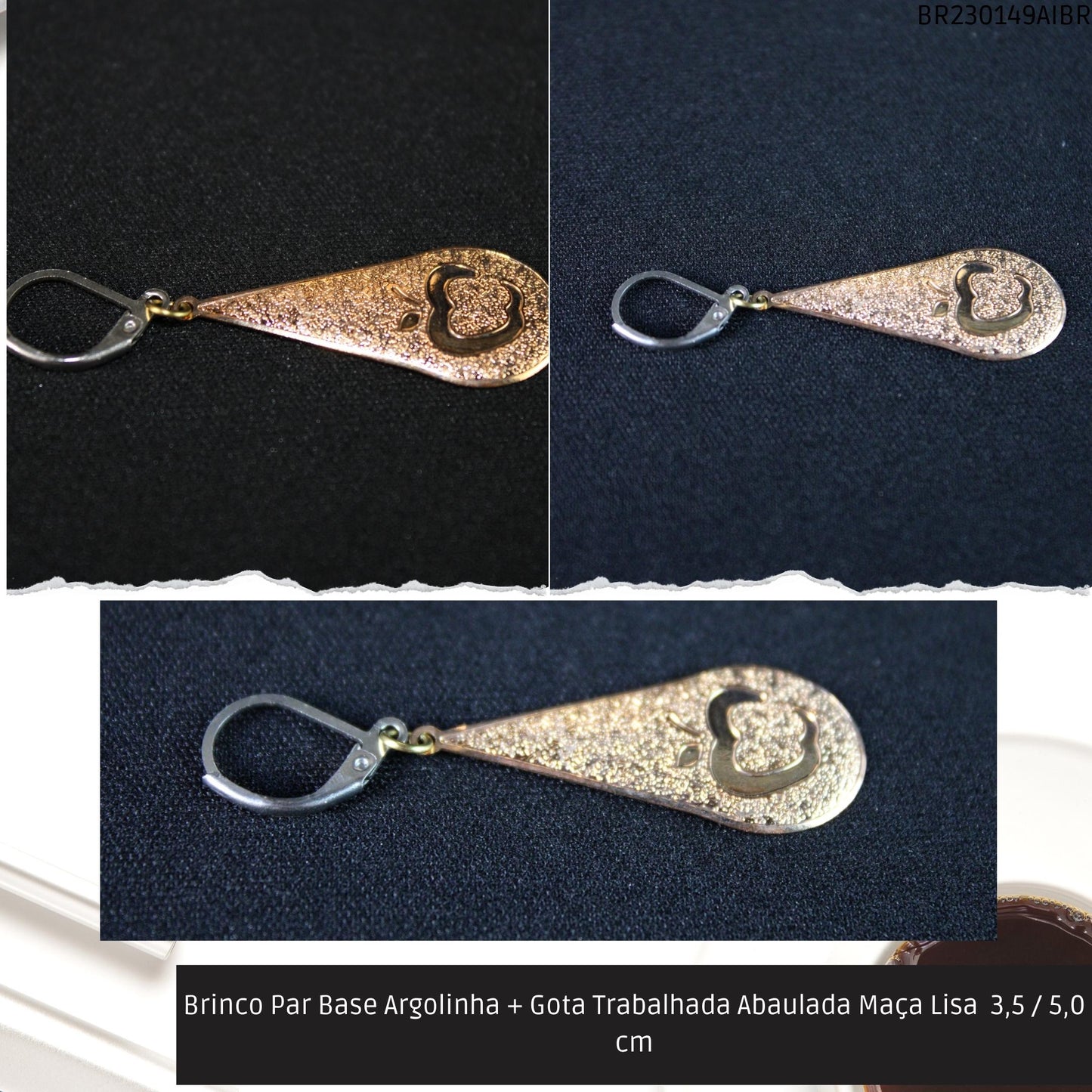 Brinco Par Base Argolinha + Gota Trabalhada Abaulada Maça Lisa  3.5 / 5.0 cm  - Código.: BR230149AIBR  - Peso.: 1.9 gr