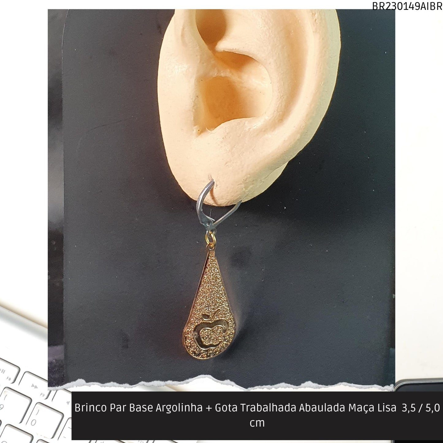 Brinco Par Base Argolinha + Gota Trabalhada Abaulada Maça Lisa  3.5 / 5.0 cm  - Código.: BR230149AIBR  - Peso.: 1.9 gr