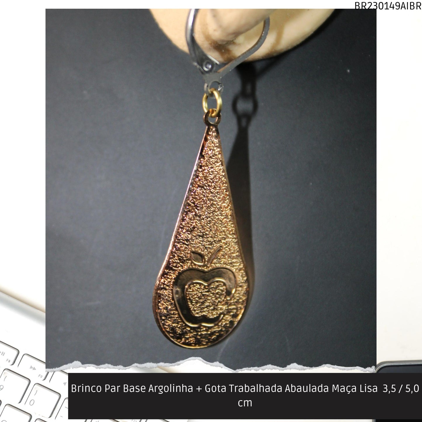 Brinco Par Base Argolinha + Gota Trabalhada Abaulada Maça Lisa  3.5 / 5.0 cm  - Código.: BR230149AIBR  - Peso.: 1.9 gr