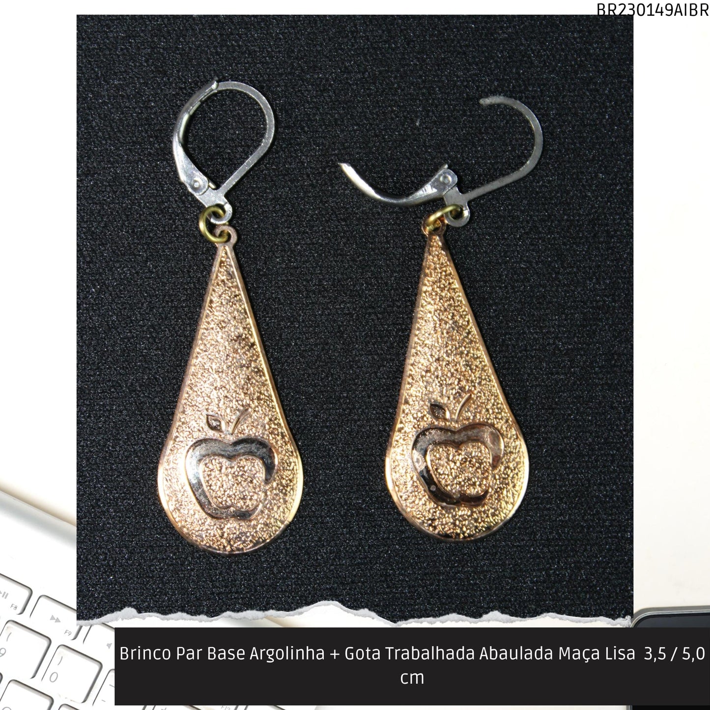Brinco Par Base Argolinha + Gota Trabalhada Abaulada Maça Lisa  3.5 / 5.0 cm  - Código.: BR230149AIBR  - Peso.: 1.9 gr