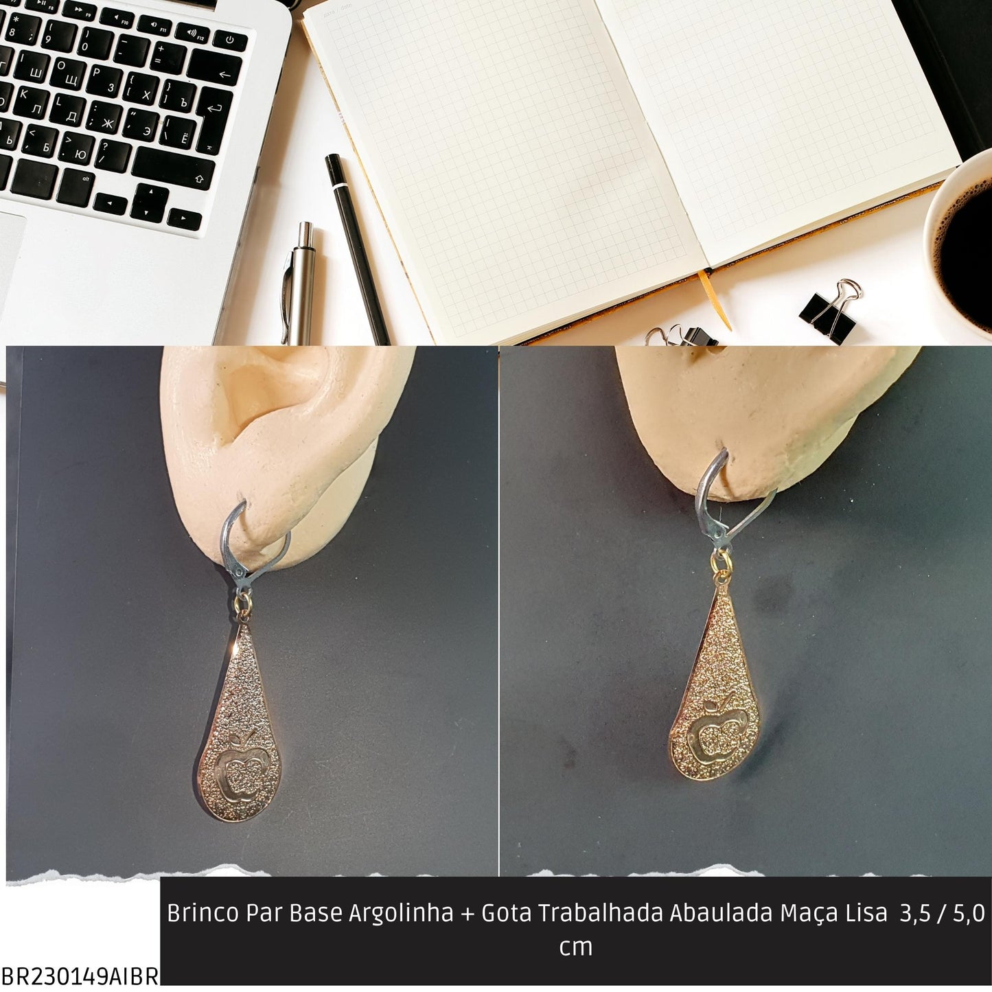 Brinco Par Base Argolinha + Gota Trabalhada Abaulada Maça Lisa  3.5 / 5.0 cm  - Código.: BR230149AIBR  - Peso.: 1.9 gr