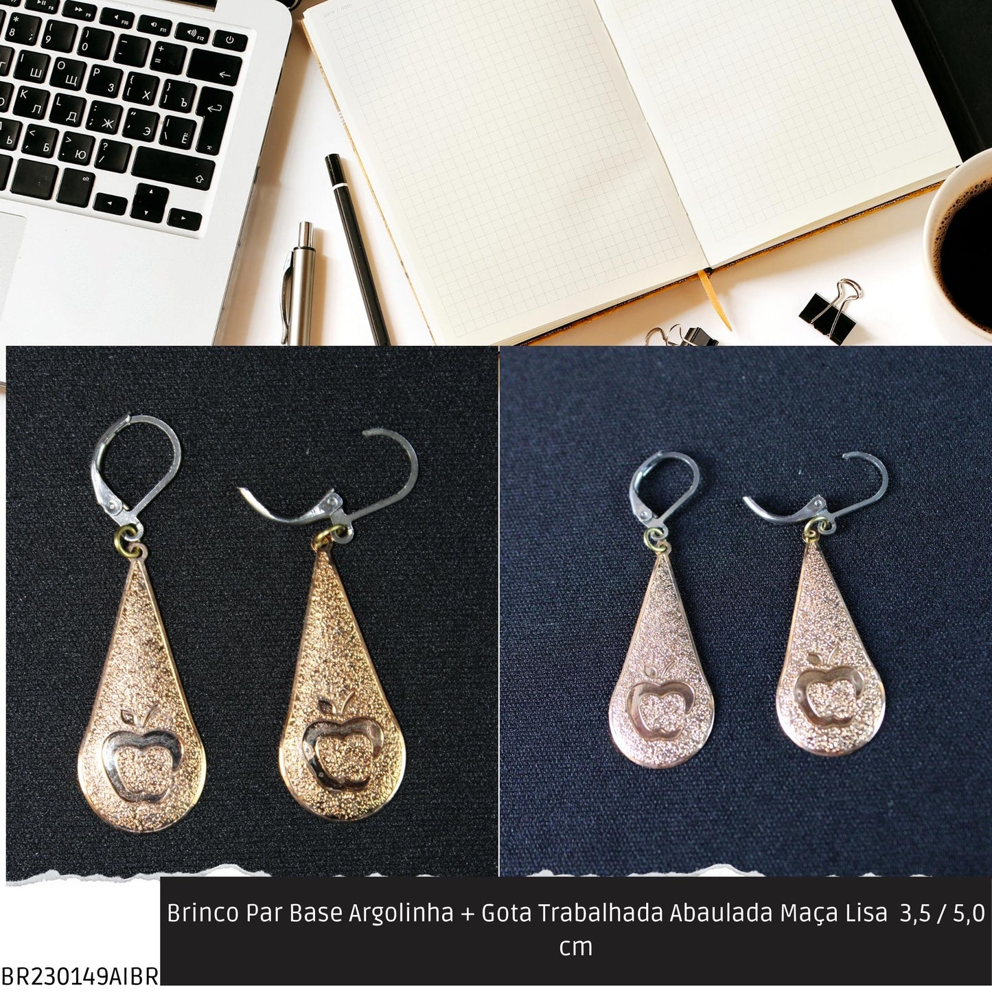 Brinco Par Base Argolinha + Gota Trabalhada Abaulada Maça Lisa  3.5 / 5.0 cm  - Código.: BR230149AIBR  - Peso.: 1.9 gr