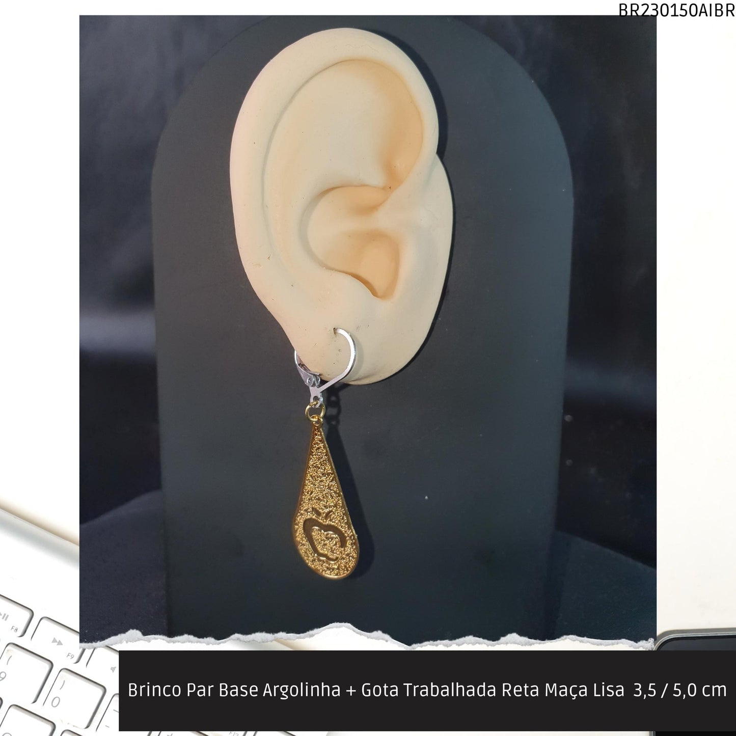 Brinco Par Base Argolinha + Gota Trabalhada Reta Maça Lisa  3.5 / 5.0 cm  - Código.: BR230150AIBR  - Peso.: 2.1 gr