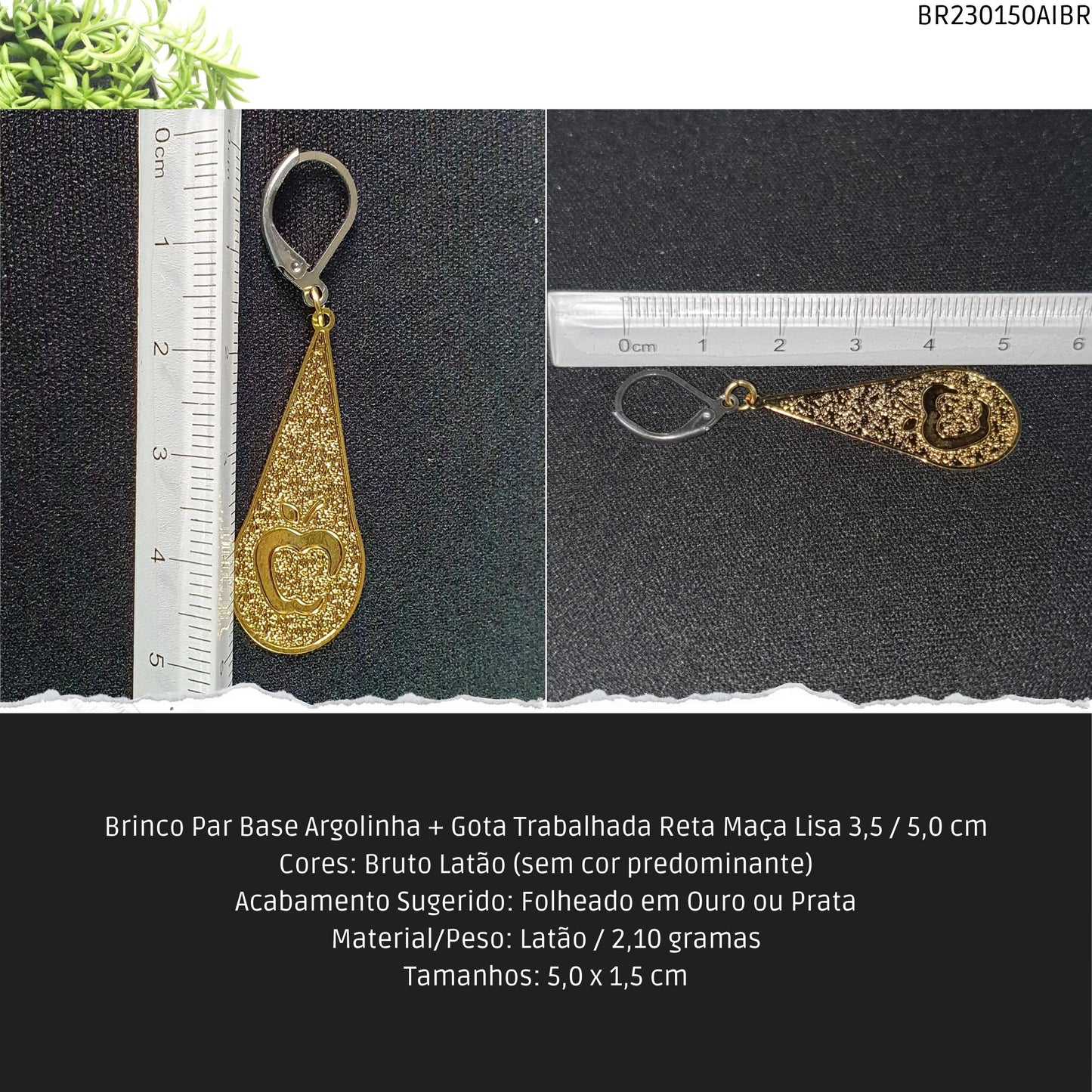 Brinco Par Base Argolinha + Gota Trabalhada Reta Maça Lisa  3.5 / 5.0 cm  - Código.: BR230150AIBR  - Peso.: 2.1 gr