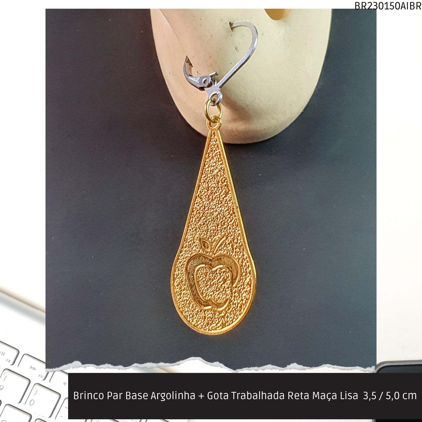 Brinco Par Base Argolinha + Gota Trabalhada Reta Maça Lisa  3.5 / 5.0 cm  - Código.: BR230150AIBR  - Peso.: 2.1 gr
