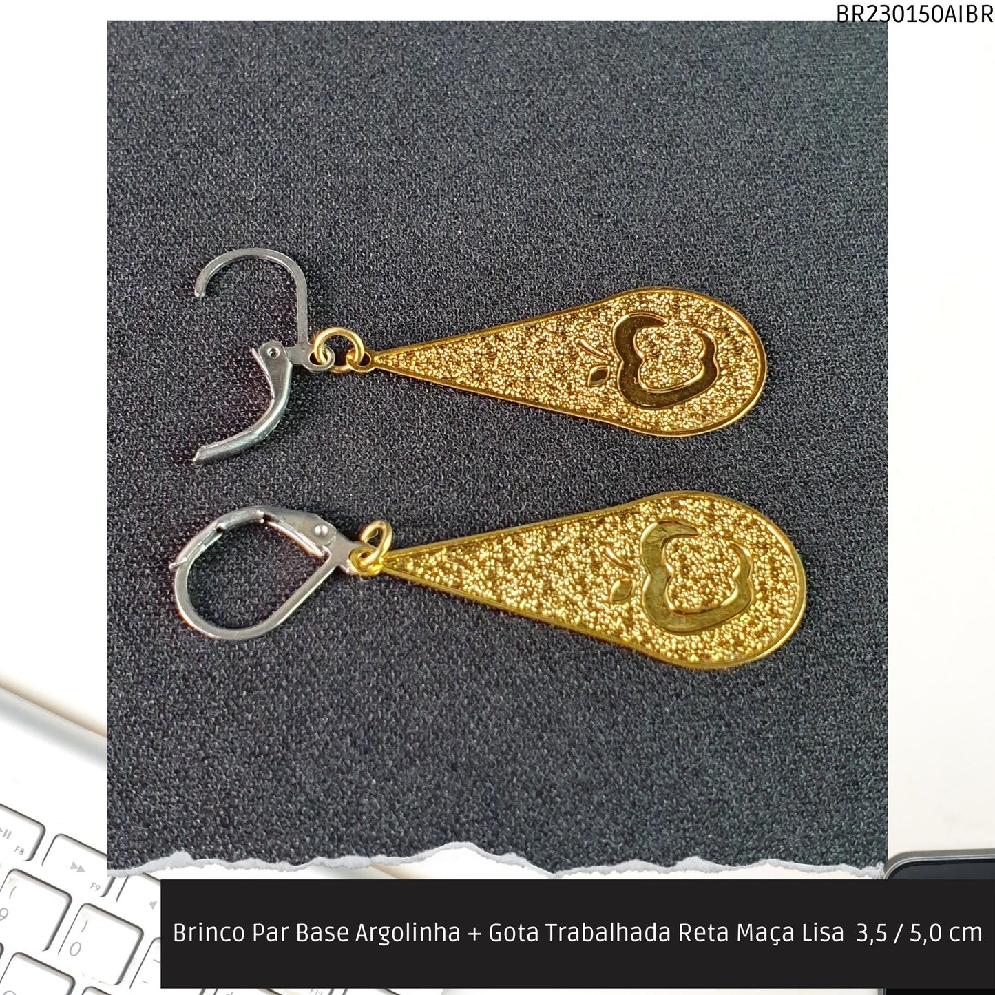 Brinco Par Base Argolinha + Gota Trabalhada Reta Maça Lisa  3.5 / 5.0 cm  - Código.: BR230150AIBR  - Peso.: 2.1 gr