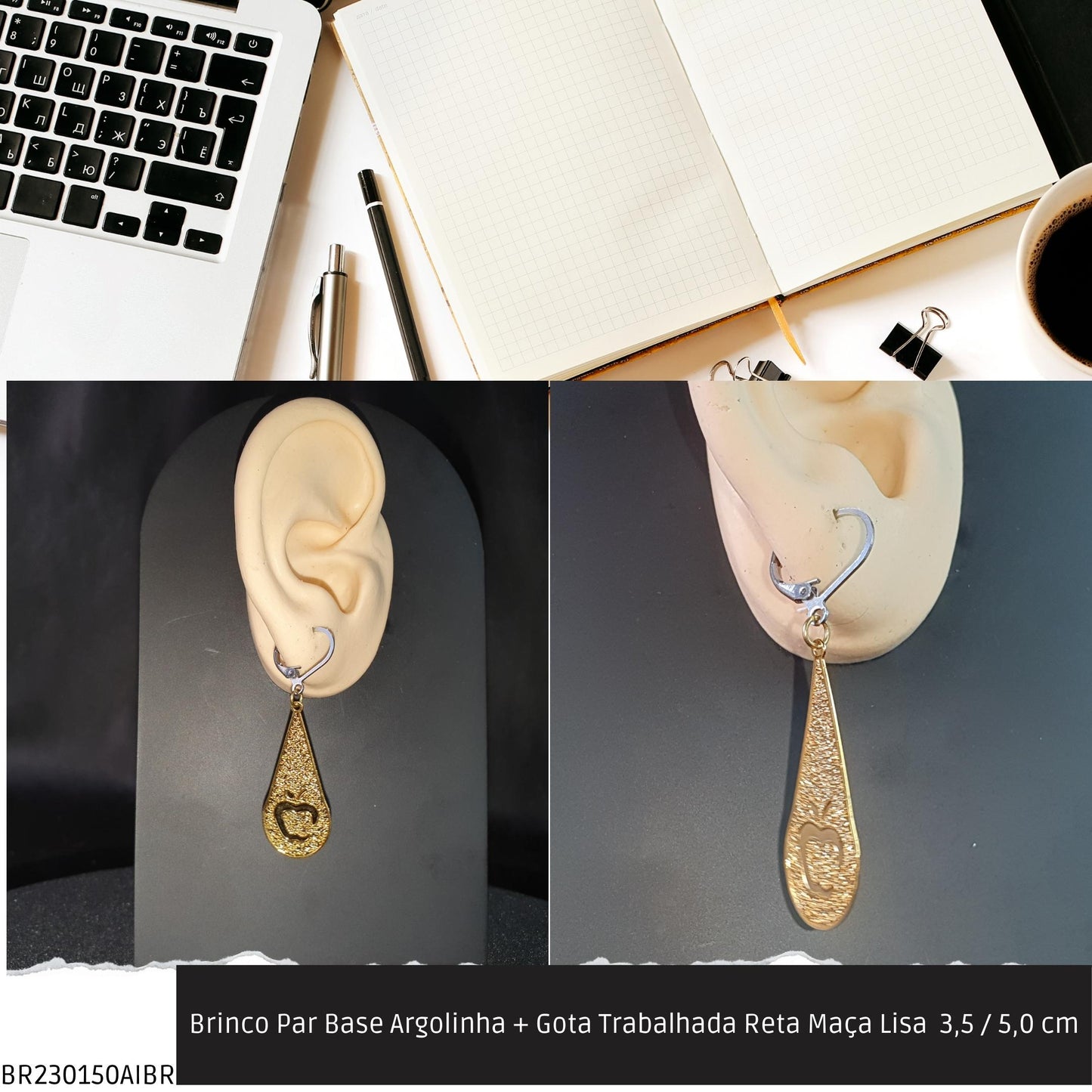Brinco Par Base Argolinha + Gota Trabalhada Reta Maça Lisa  3.5 / 5.0 cm  - Código.: BR230150AIBR  - Peso.: 2.1 gr