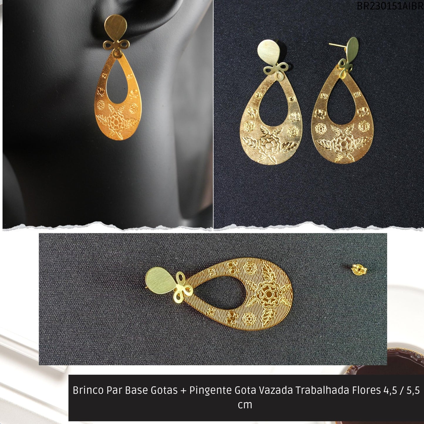 Brinco Par Base Gotas + Pingente Gota Vazada Trabalhada Flores 4.5 / 5.5 cm   - Código.: BR230151AIBR  - Peso.: 3.9 gr
