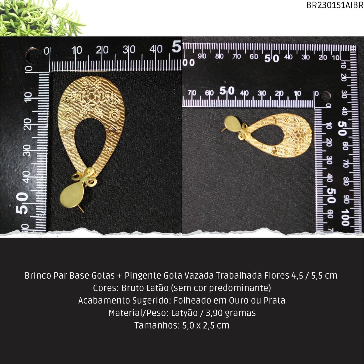 Brinco Par Base Gotas + Pingente Gota Vazada Trabalhada Flores 4.5 / 5.5 cm   - Código.: BR230151AIBR  - Peso.: 3.9 gr