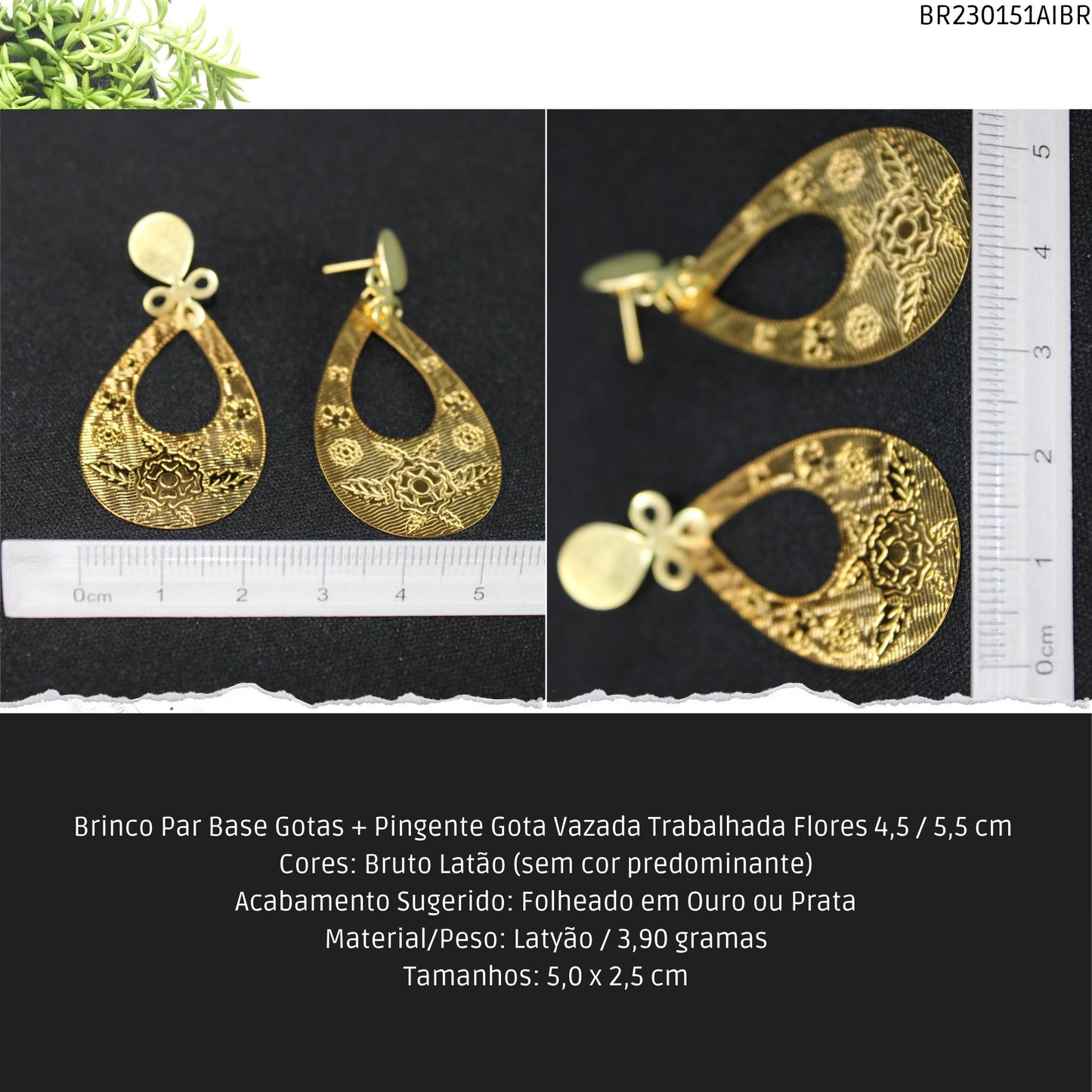Brinco Par Base Gotas + Pingente Gota Vazada Trabalhada Flores 4.5 / 5.5 cm   - Código.: BR230151AIBR  - Peso.: 3.9 gr