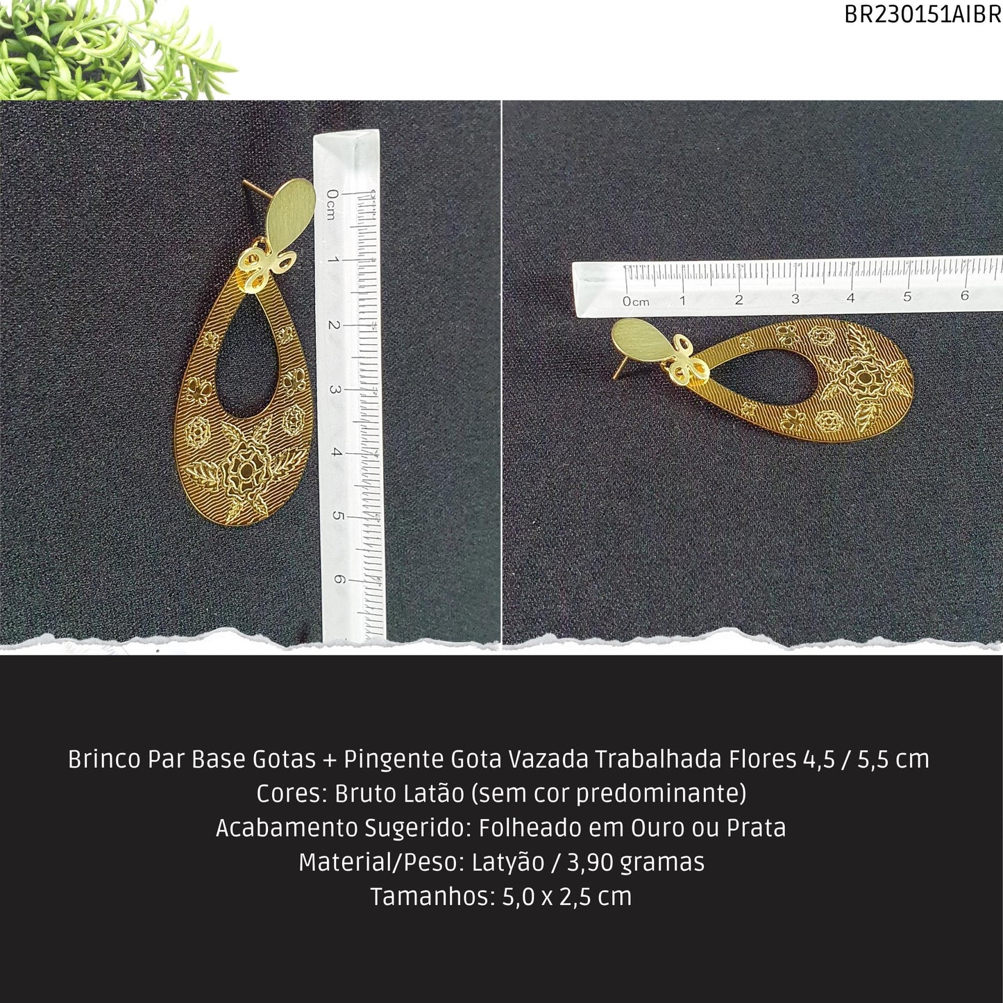 Brinco Par Base Gotas + Pingente Gota Vazada Trabalhada Flores 4.5 / 5.5 cm   - Código.: BR230151AIBR  - Peso.: 3.9 gr