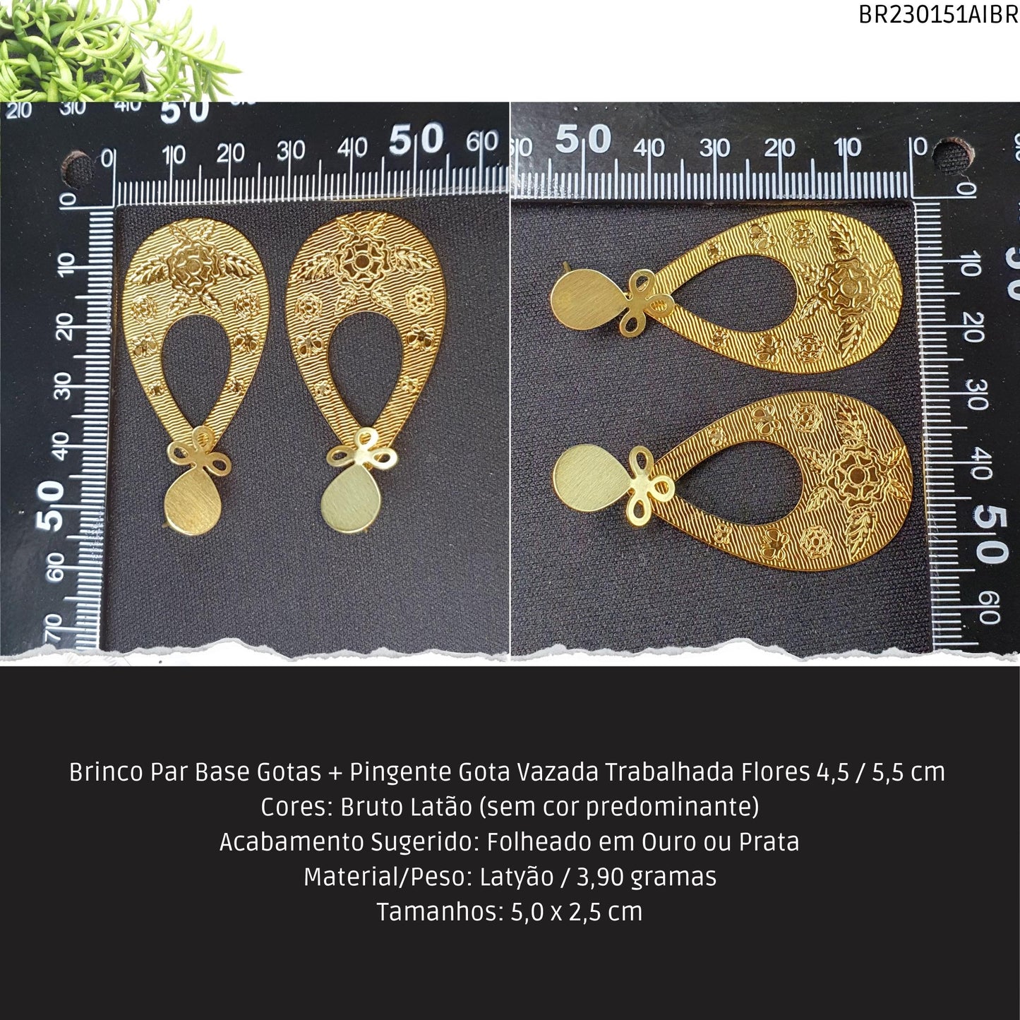Brinco Par Base Gotas + Pingente Gota Vazada Trabalhada Flores 4.5 / 5.5 cm   - Código.: BR230151AIBR  - Peso.: 3.9 gr