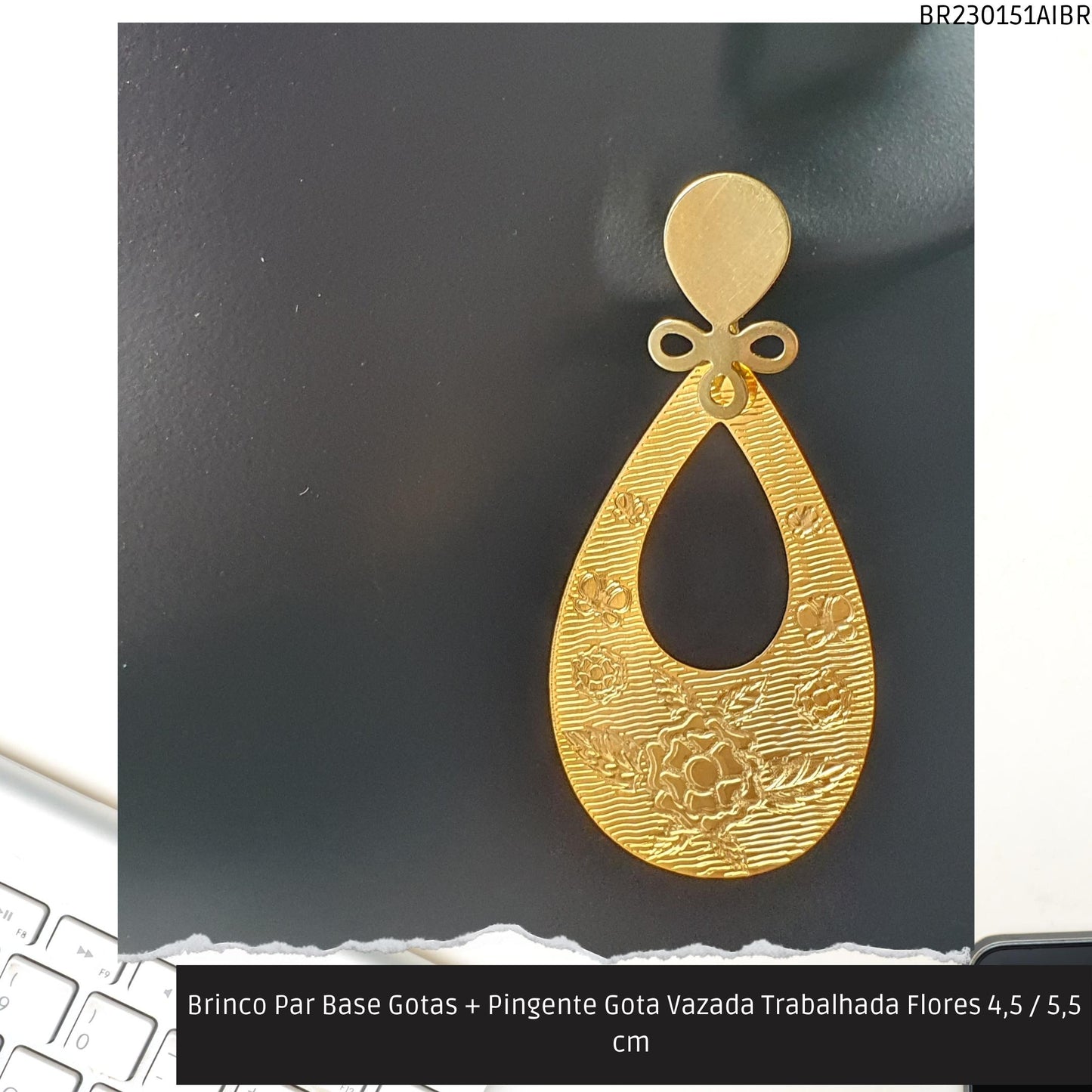 Brinco Par Base Gotas + Pingente Gota Vazada Trabalhada Flores 4.5 / 5.5 cm   - Código.: BR230151AIBR  - Peso.: 3.9 gr
