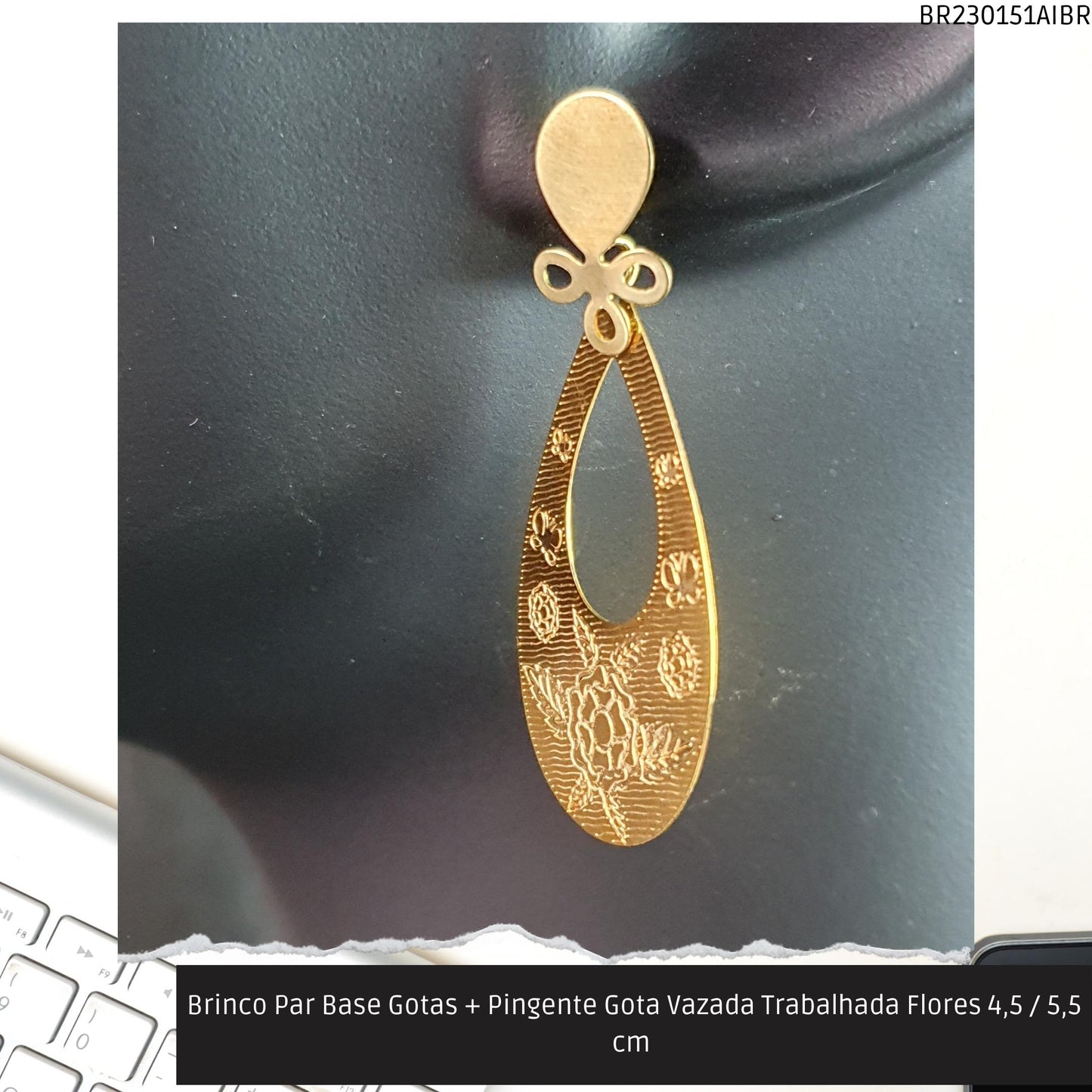 Brinco Par Base Gotas + Pingente Gota Vazada Trabalhada Flores 4.5 / 5.5 cm   - Código.: BR230151AIBR  - Peso.: 3.9 gr