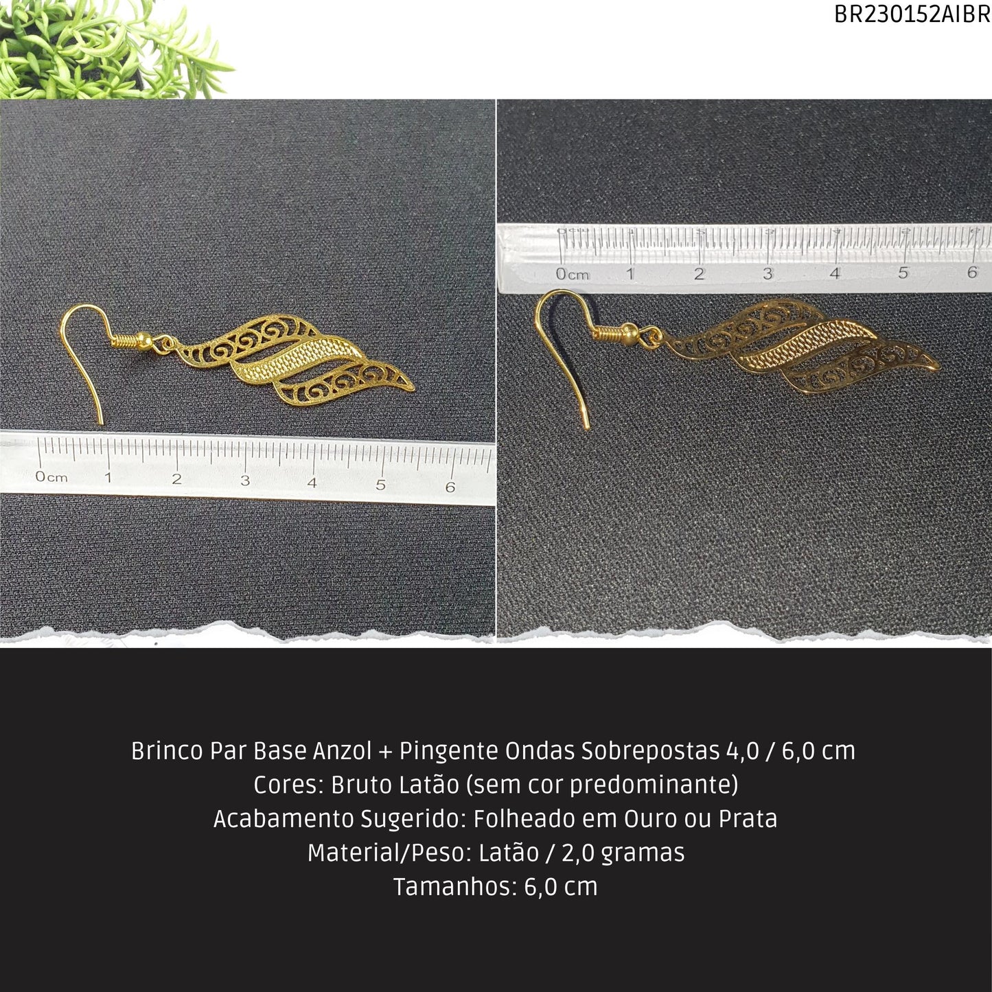 Brinco Par Base Anzol + Pingente Ondas Sobrepostas 4.0 / 6.0 cm   - Código.: BR230152AIBR  - Peso.: 2.0 gr