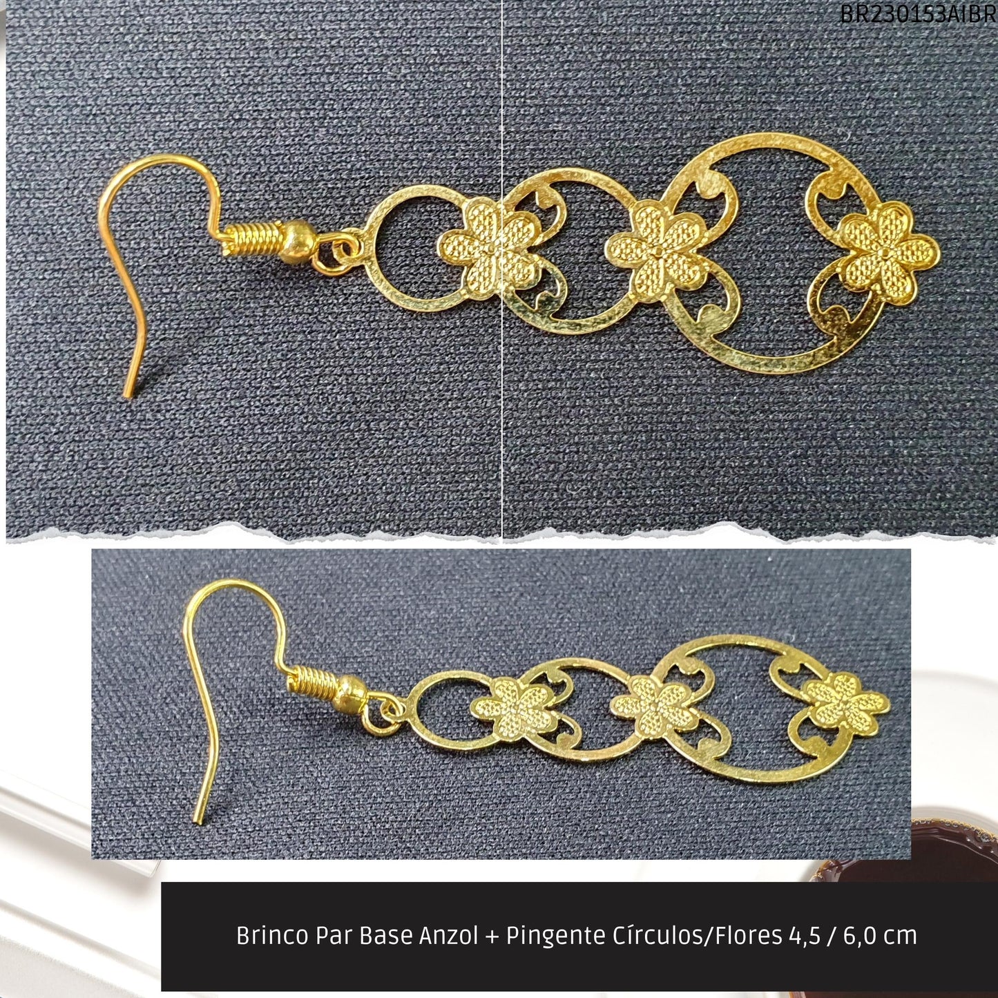 Brinco Par Base Anzol + Pingente Círculos/Flores 4.5 / 6.0 cm   - Código.: BR230153AIBR  - Peso.: 2.0 gr