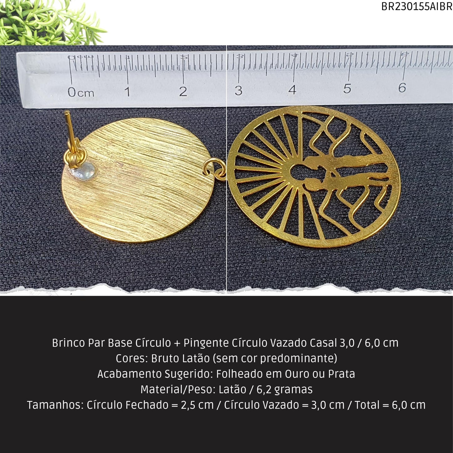 Brinco Par Base Círculo + Pingente Círculo Vazado Casal 3.0 / 6.0 cm   - Código.: BR230155AIBR  - Peso.: 6.2 gr