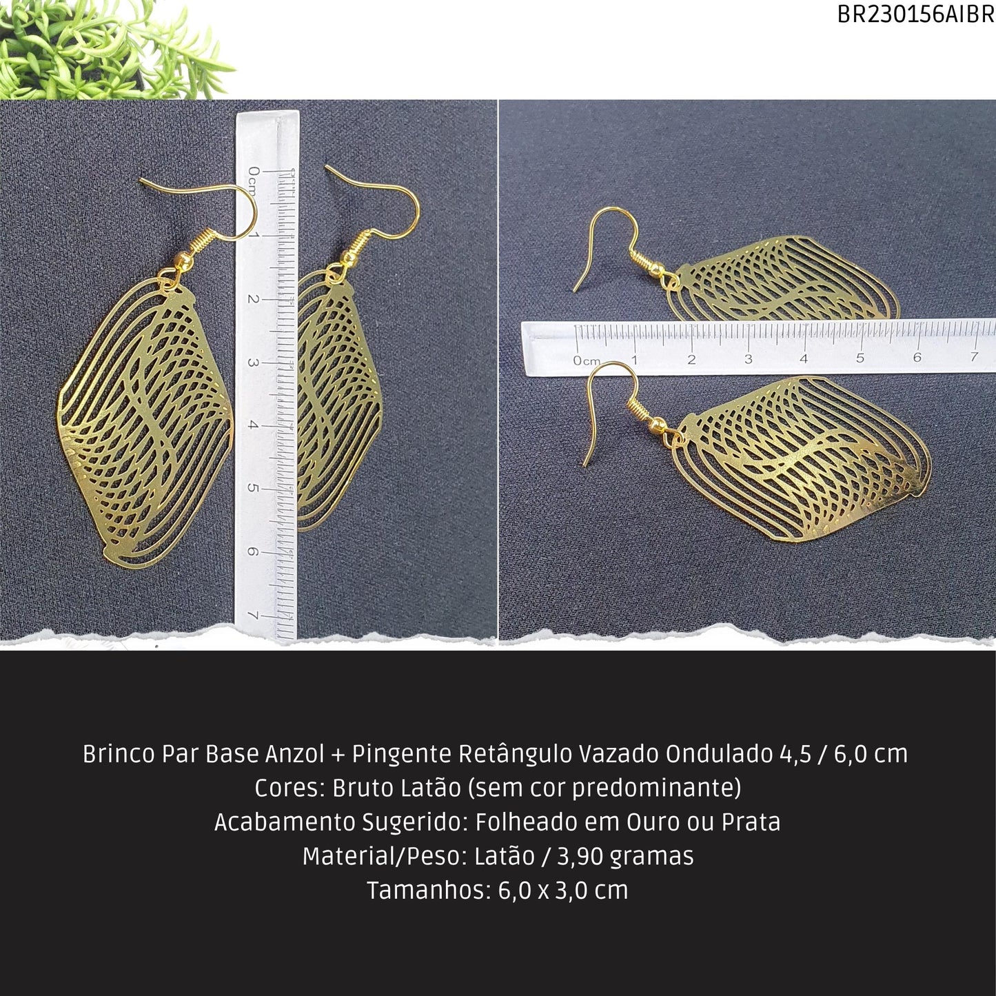 Brinco Par Base Anzol + Pingente Retângulo Vazado Ondulado 4.5 / 6.0 cm   - Código.: BR230156AIBR  - Peso.: 3.9 gr
