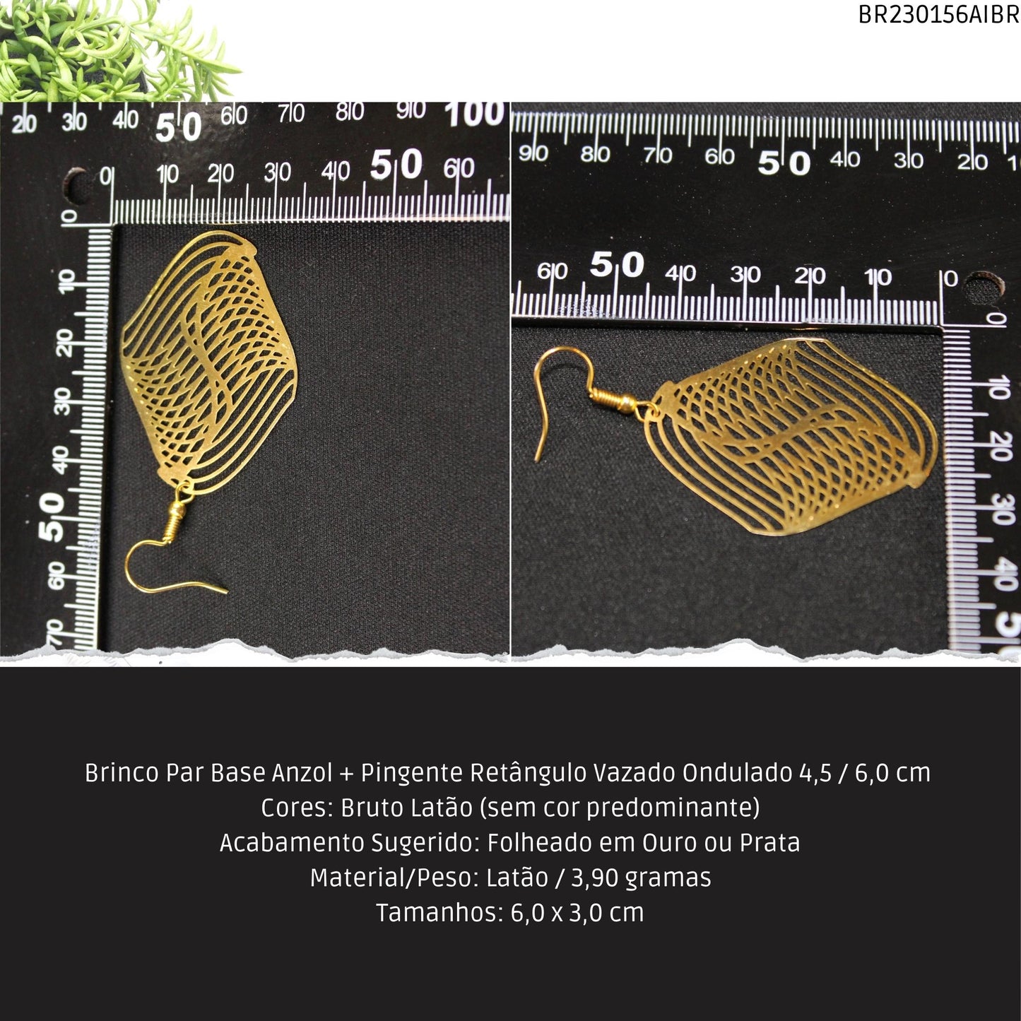 Brinco Par Base Anzol + Pingente Retângulo Vazado Ondulado 4.5 / 6.0 cm   - Código.: BR230156AIBR  - Peso.: 3.9 gr