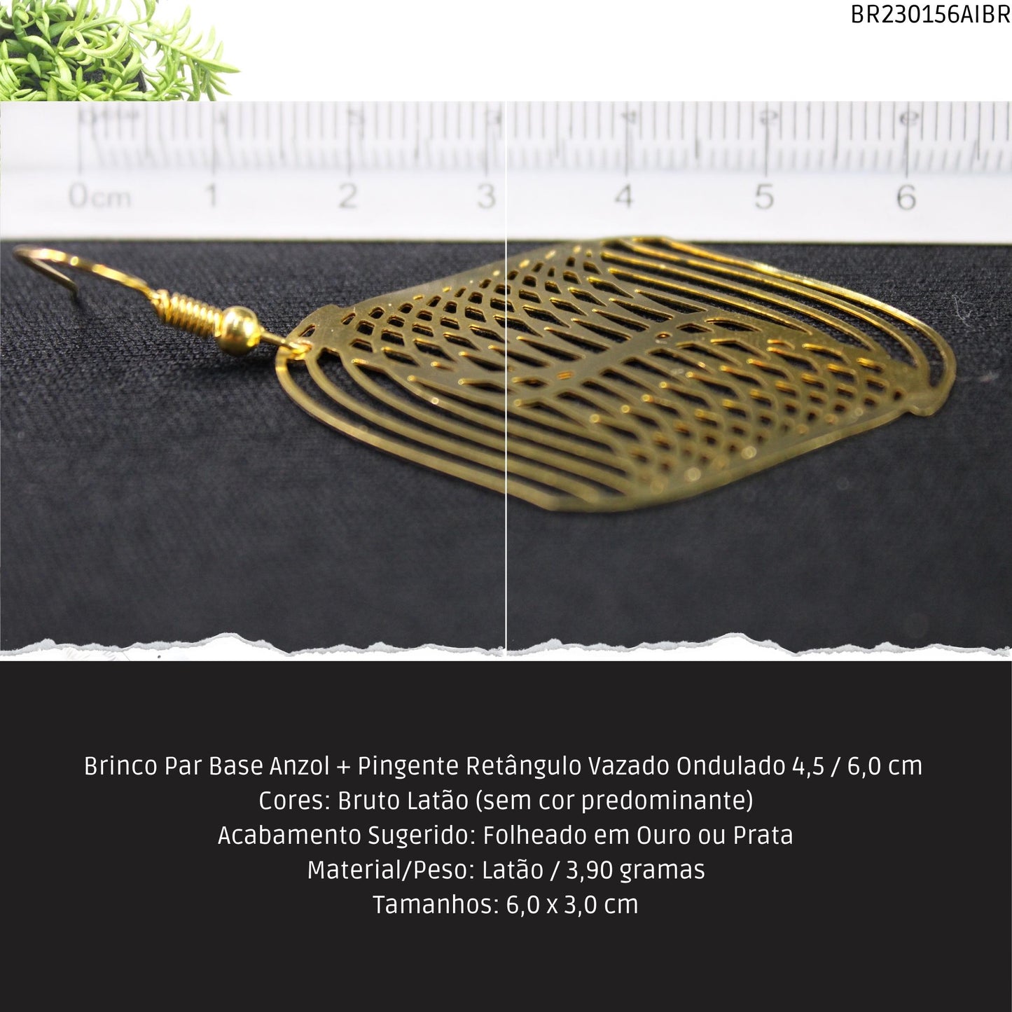 Brinco Par Base Anzol + Pingente Retângulo Vazado Ondulado 4.5 / 6.0 cm   - Código.: BR230156AIBR  - Peso.: 3.9 gr