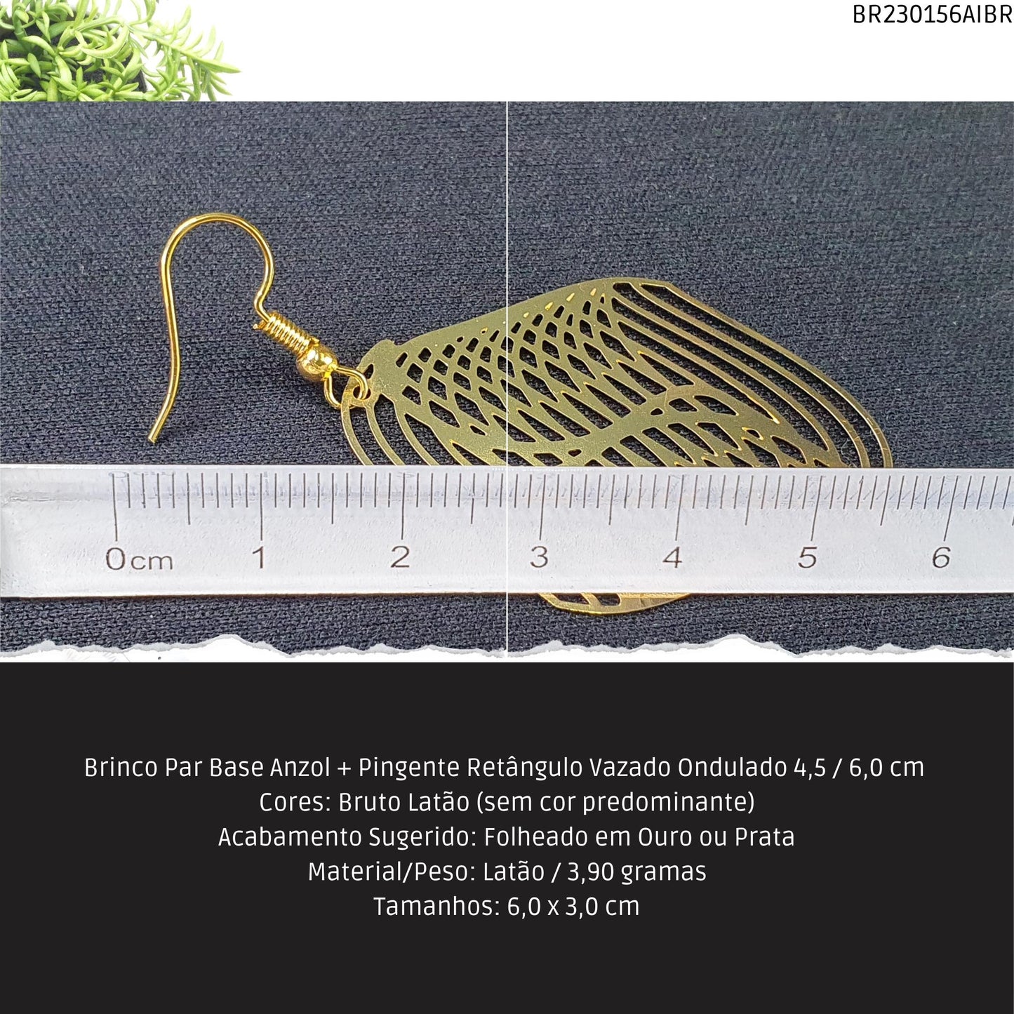 Brinco Par Base Anzol + Pingente Retângulo Vazado Ondulado 4.5 / 6.0 cm   - Código.: BR230156AIBR  - Peso.: 3.9 gr