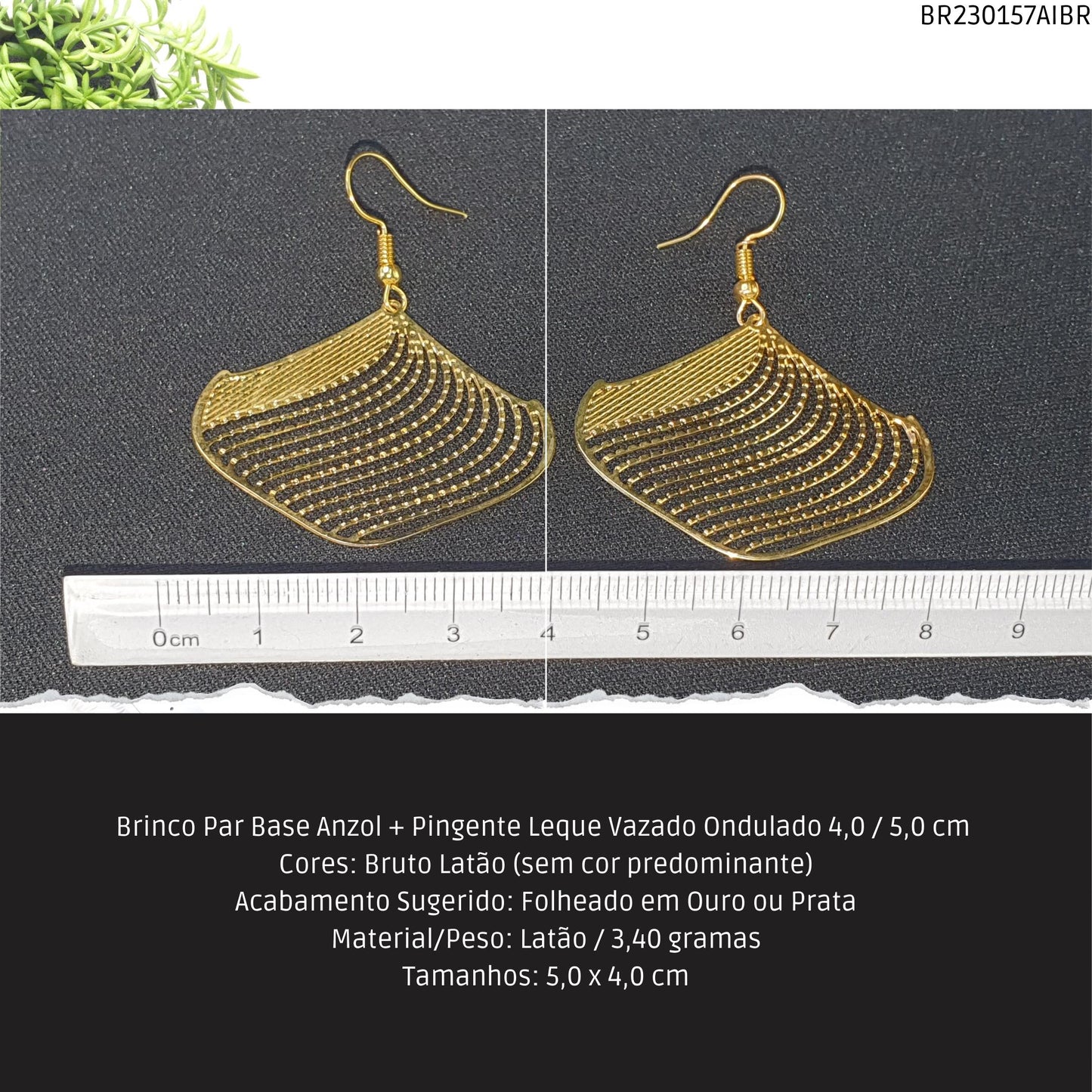 Brinco Par Base Anzol + Pingente Leque Vazado Ondulado 4.0 / 5.0 cm   - Código.: BR230157AIBR  - Peso.: 3.4 gr