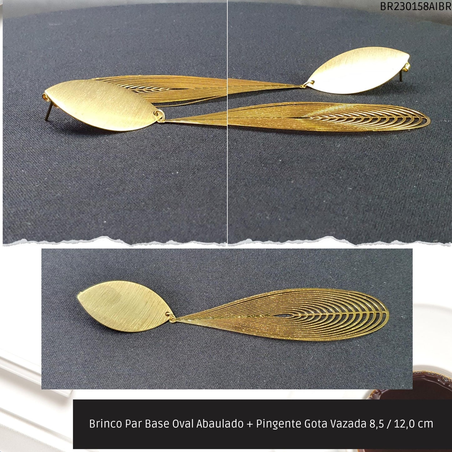 Brinco Par Base Oval Abaulado + Pingente Gota Vazada 8.5 / 12.0 cm   - Código.: BR230158AIBR  - Peso.: 6.4 gr