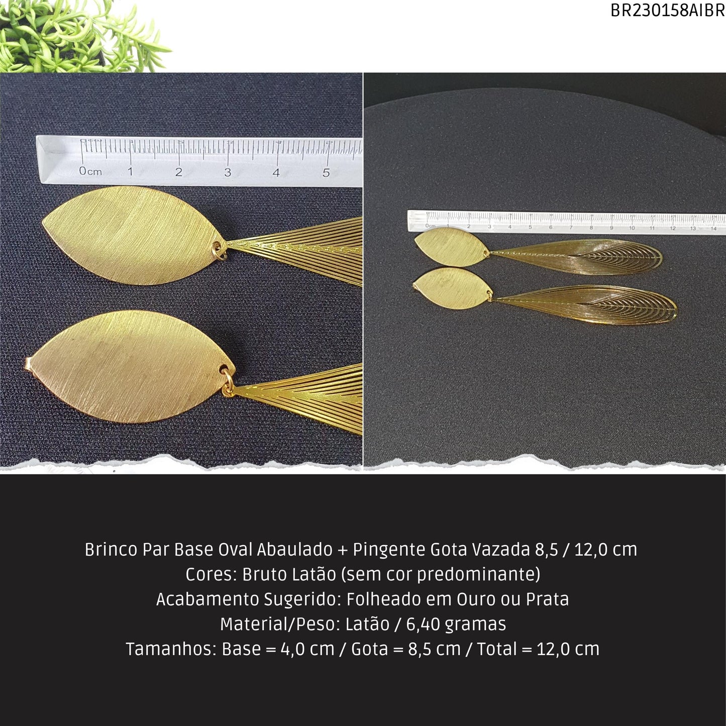 Brinco Par Base Oval Abaulado + Pingente Gota Vazada 8.5 / 12.0 cm   - Código.: BR230158AIBR  - Peso.: 6.4 gr