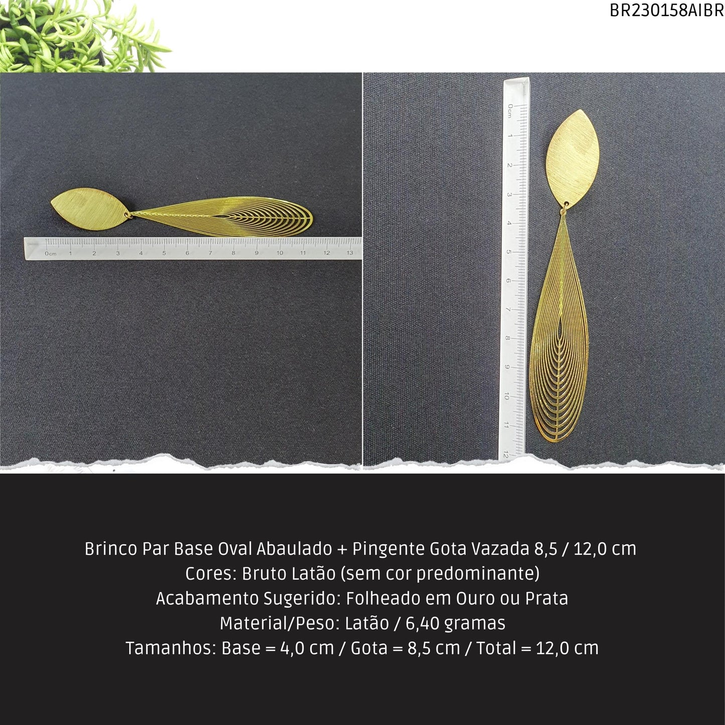 Brinco Par Base Oval Abaulado + Pingente Gota Vazada 8.5 / 12.0 cm   - Código.: BR230158AIBR  - Peso.: 6.4 gr
