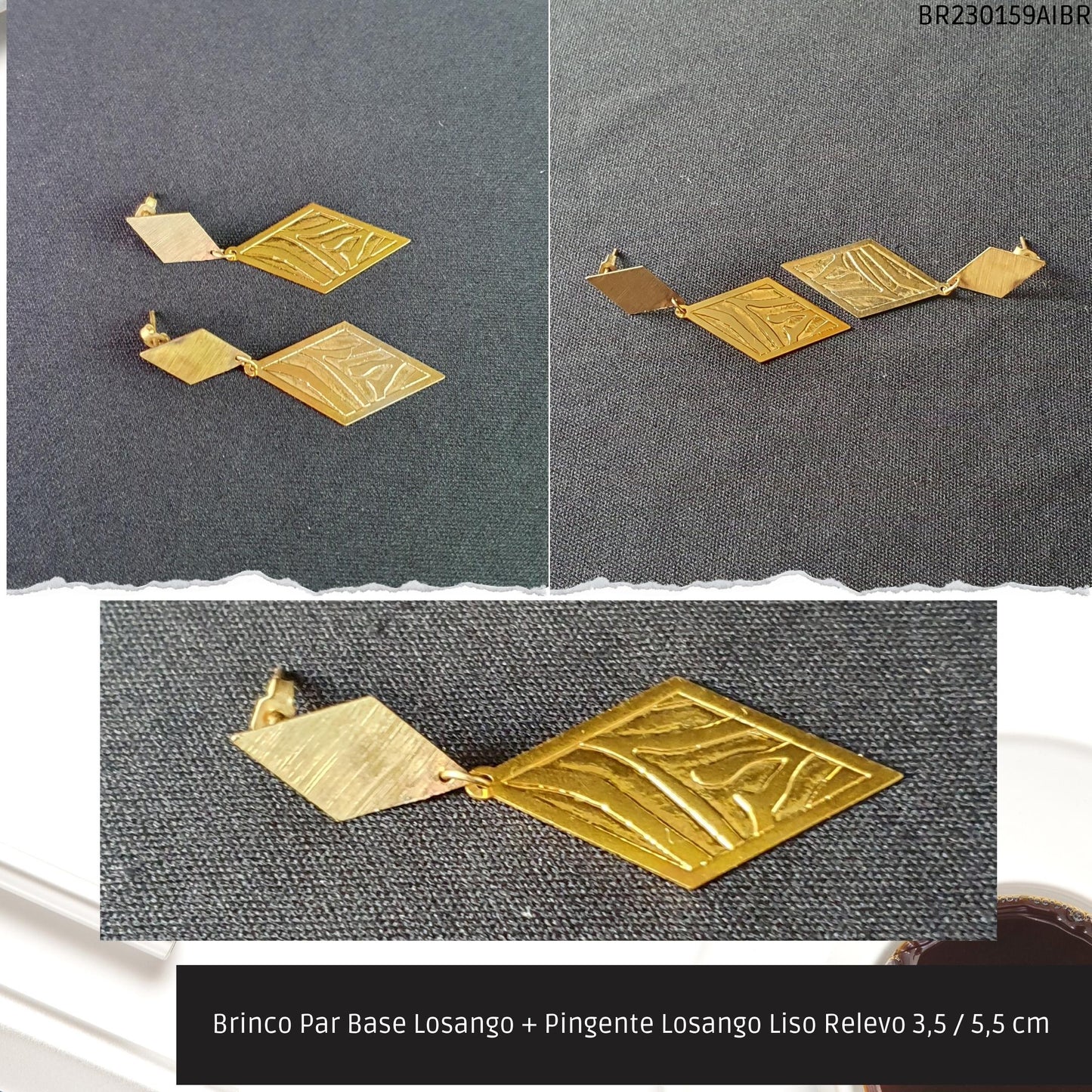 Brinco Par Base Losango + Pingente Losango Liso Relevo 3.5 / 5.5 cm   - Código.: BR230159AIBR  - Peso.: 2.4 gr