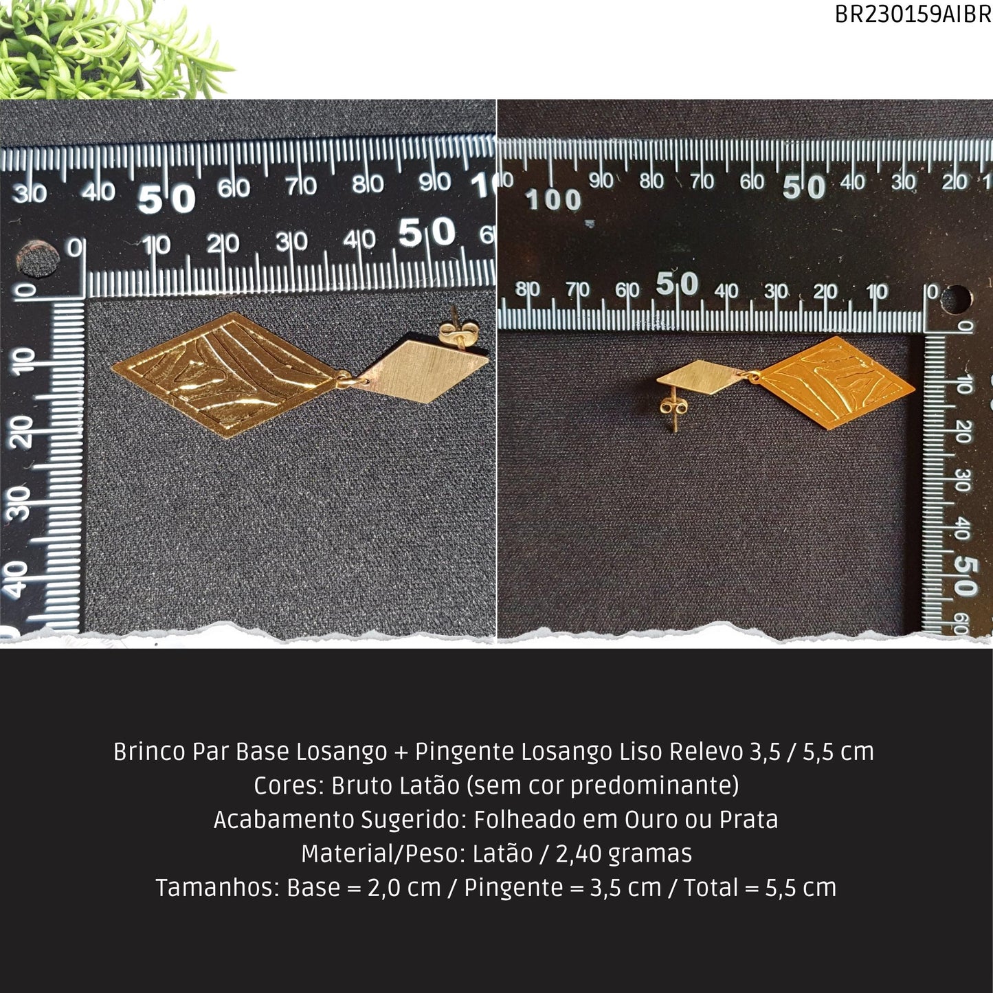 Brinco Par Base Losango + Pingente Losango Liso Relevo 3.5 / 5.5 cm   - Código.: BR230159AIBR  - Peso.: 2.4 gr